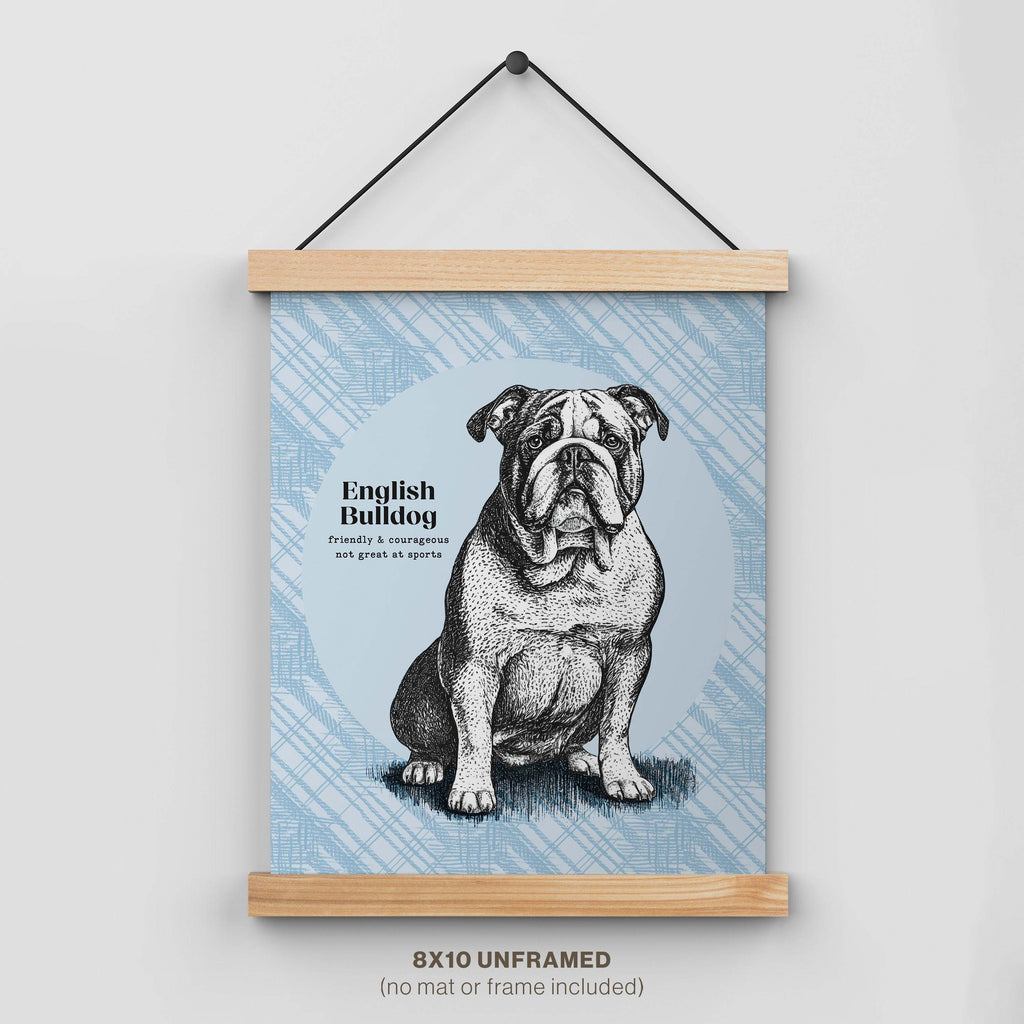 English Bulldog art print with wooden hanger featuring vintage illustration on blue plaid background. 8x10 unframed wall decor with "friendly & courageous, not great at sports" text.