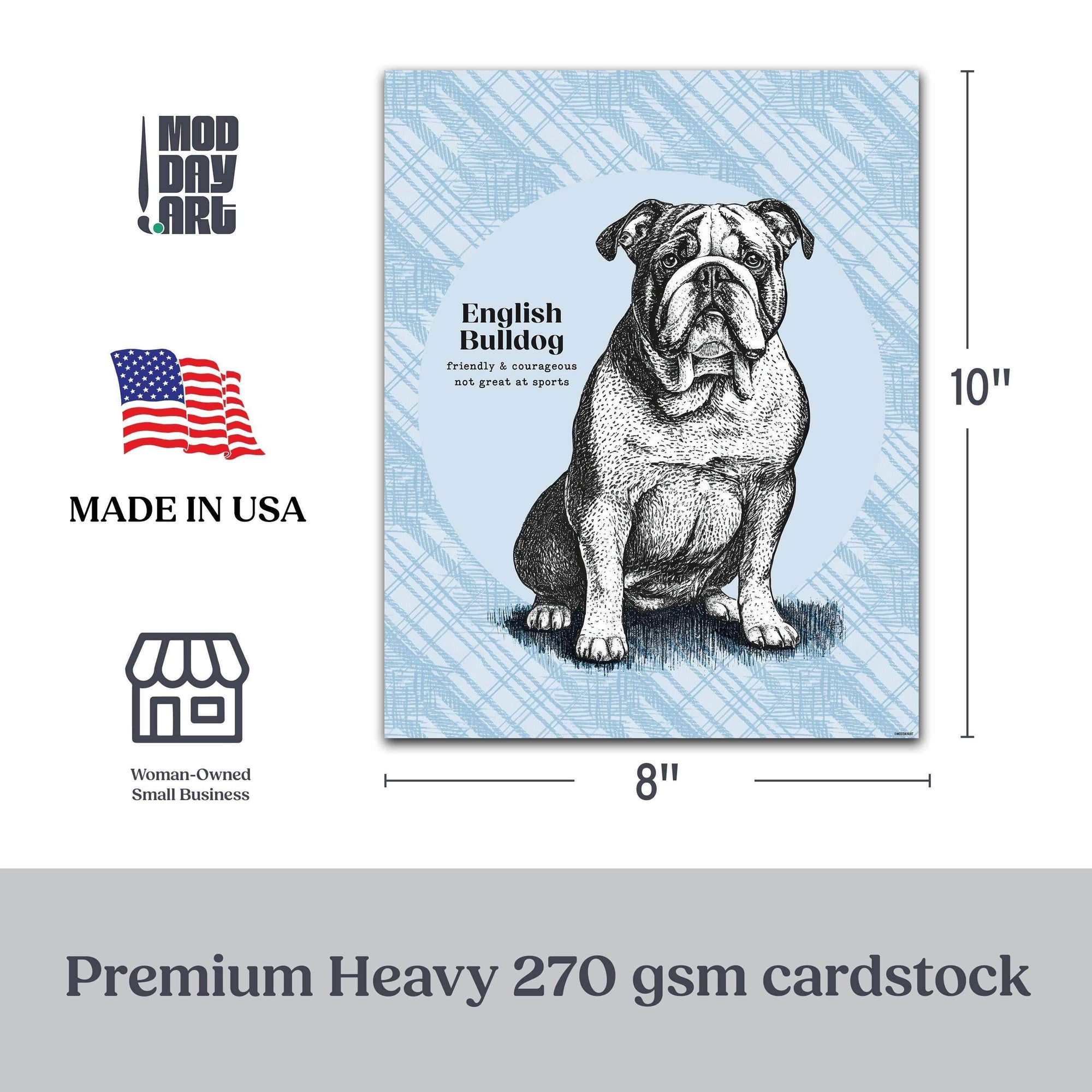 English Bulldog drawing wall art with modern abstract plaid background, featuring playful caption "Friendly & Courageous, Not Great at Sports."