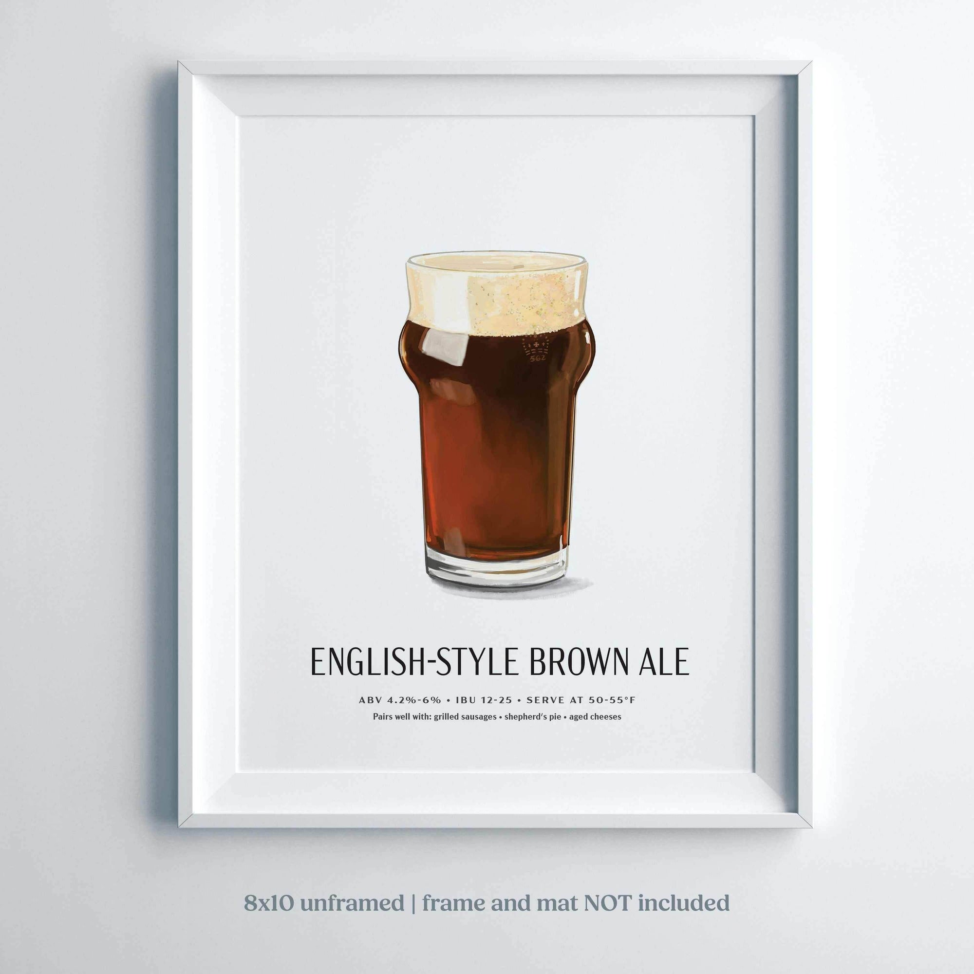 English-Style Brown Ale beer poster, hand-illustrated craft beer wall art, 8x10 unframed.
