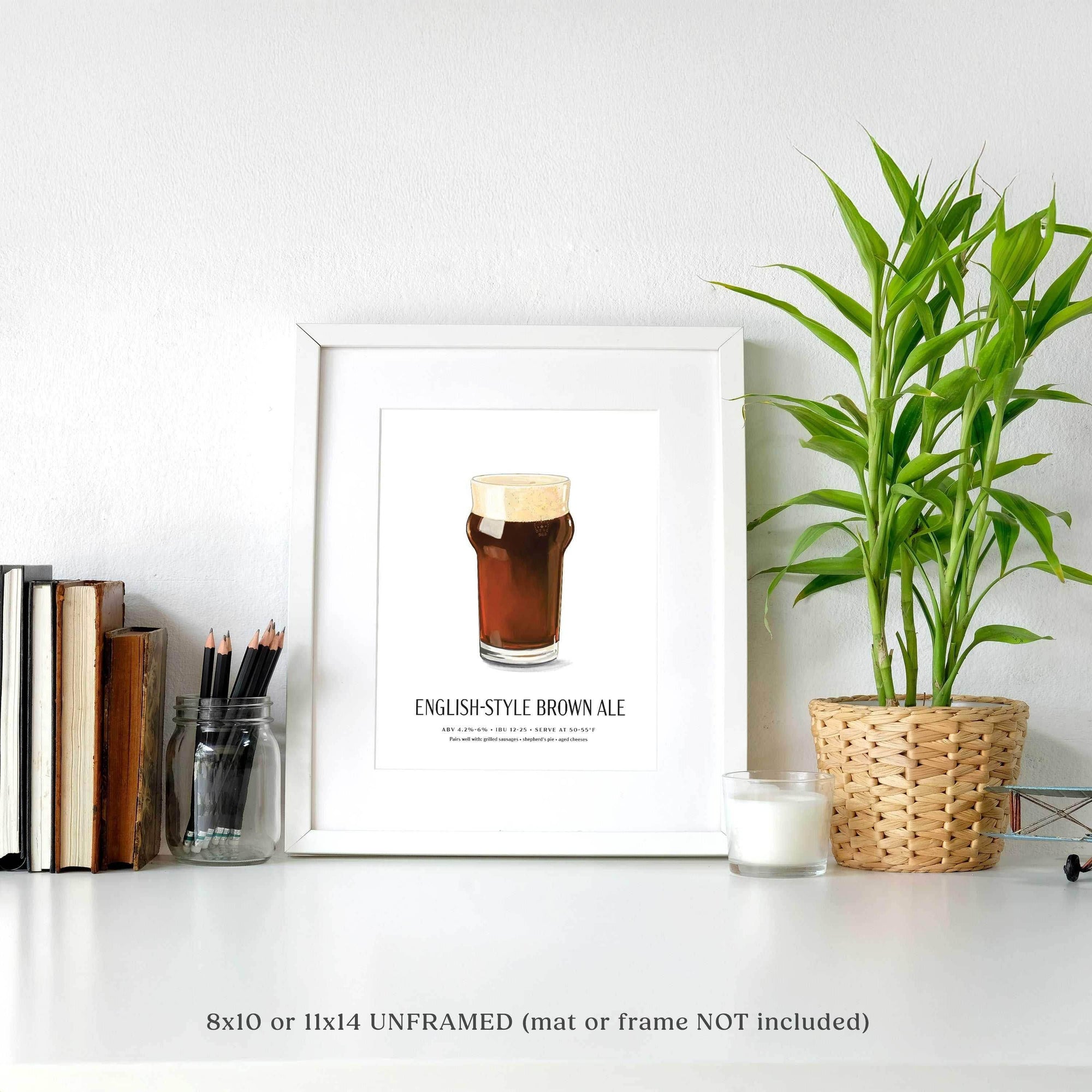 English-Style Brown Ale beer poster featuring hand-illustrated glass, 8x10 unframed wall art.