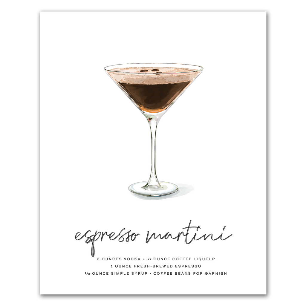 Espresso Martini hand-drawn illustration — cocktail recipe wall art with vodka, coffee liqueur, and espresso, 8x10 print