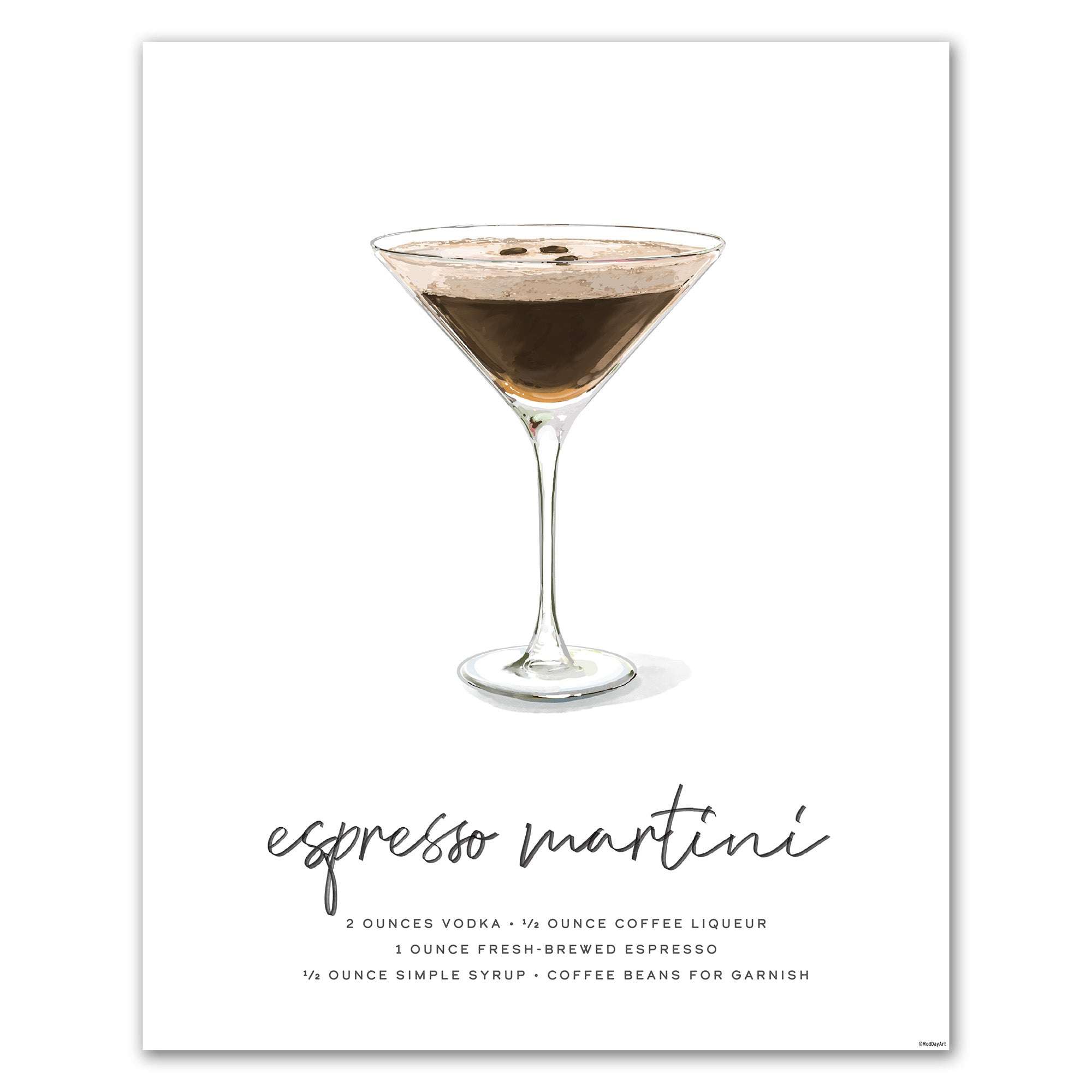 Espresso martini recipe cocktail art featuring  a glass of espresso martini on a white background