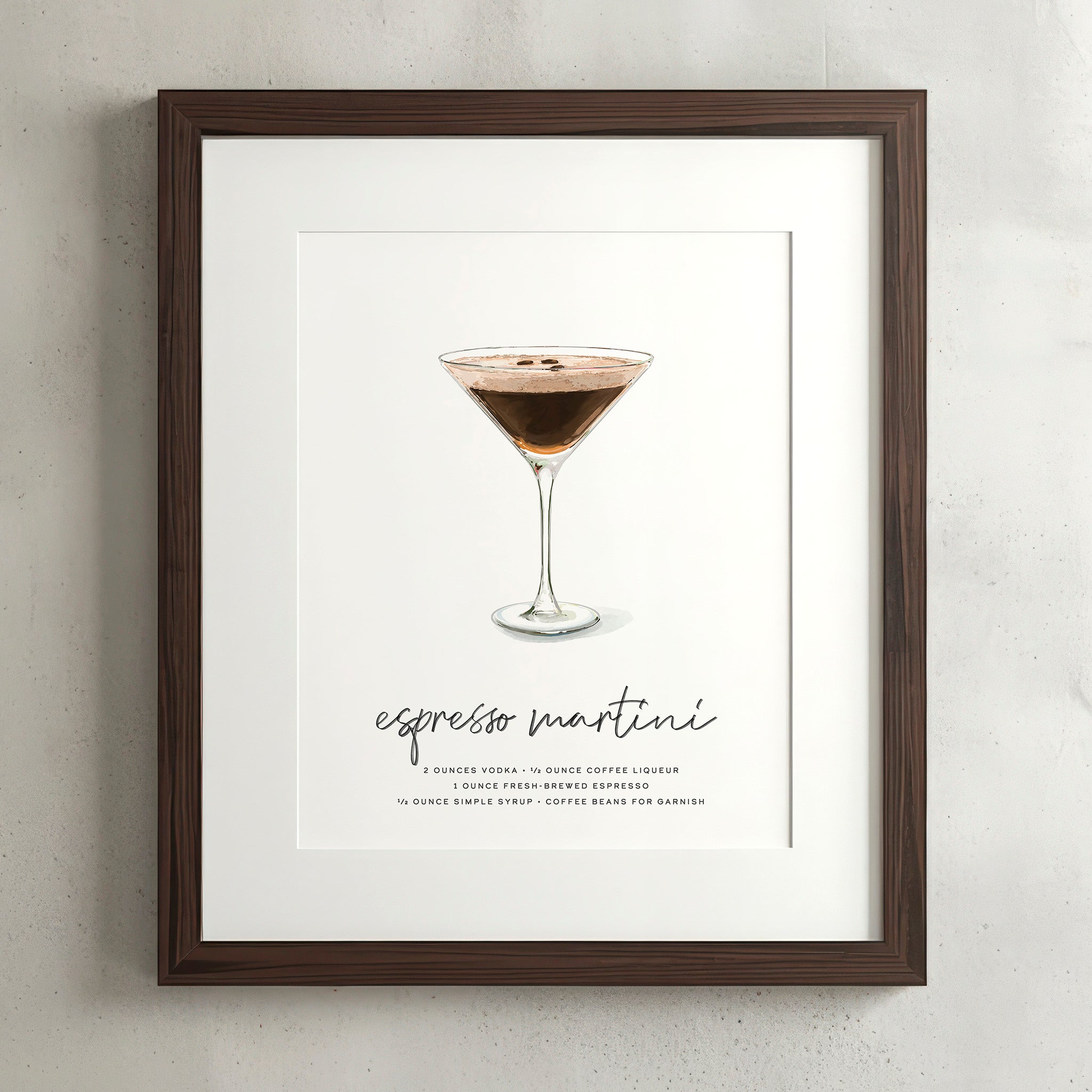 Espresso Martini cocktail wall art poster in a walnut frame, hand-drawn recipe illustration, 8x10 print