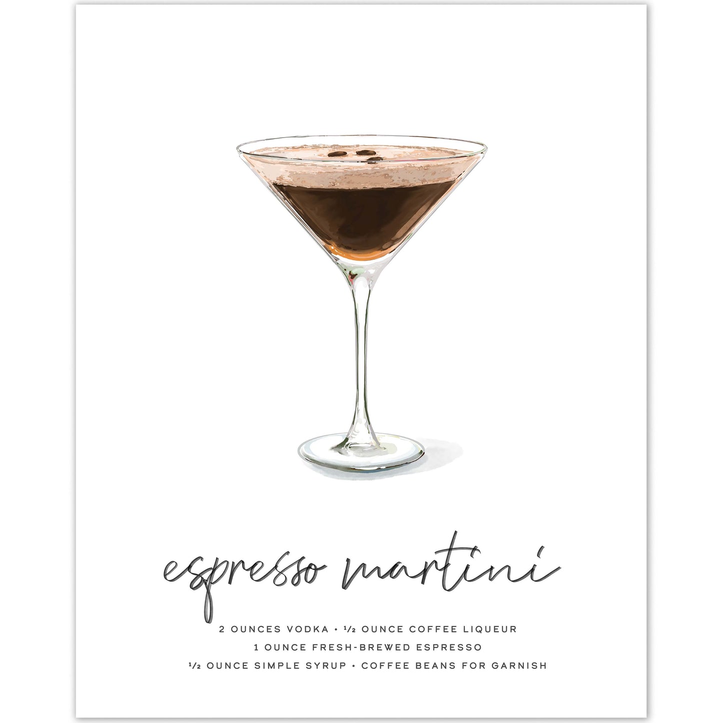 Hand-drawn espresso martini cocktail wall art poster, 8x10 inches, featuring a detailed martini glass illustration.