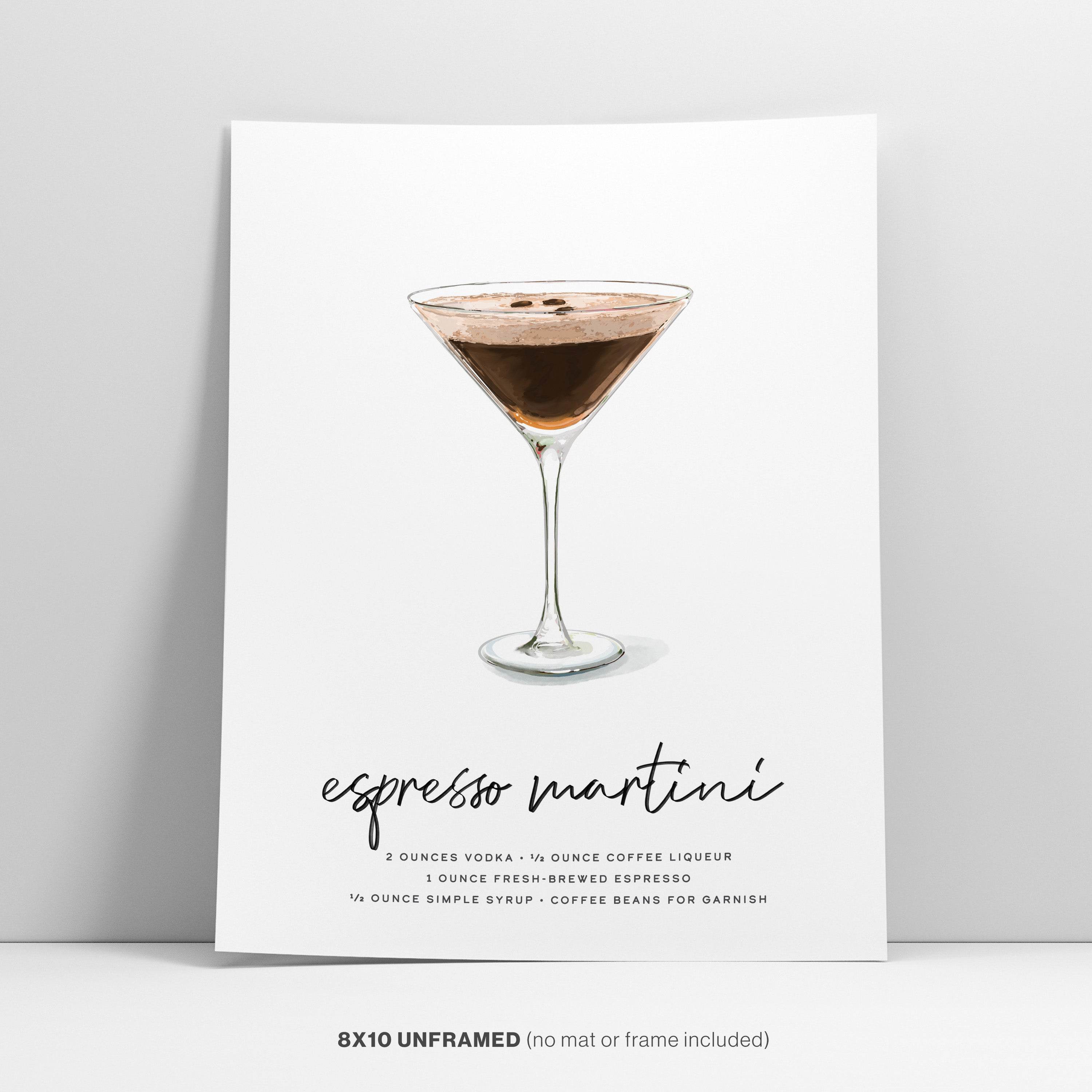 Espresso Martini recipe wall art leaning against a wall.