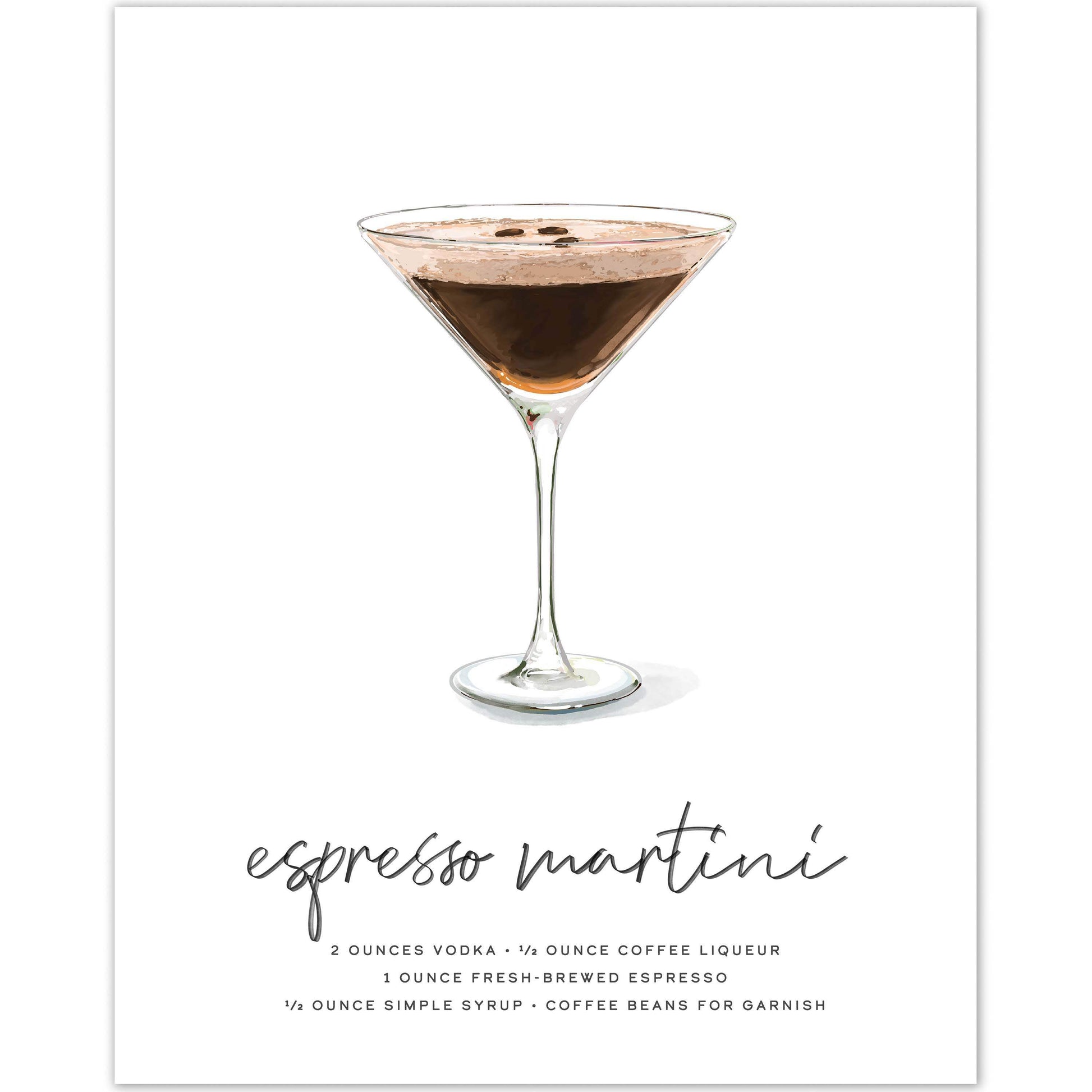 Hand-drawn espresso martini wall art poster, 8x10 inches, featuring a detailed martini glass illustration.
