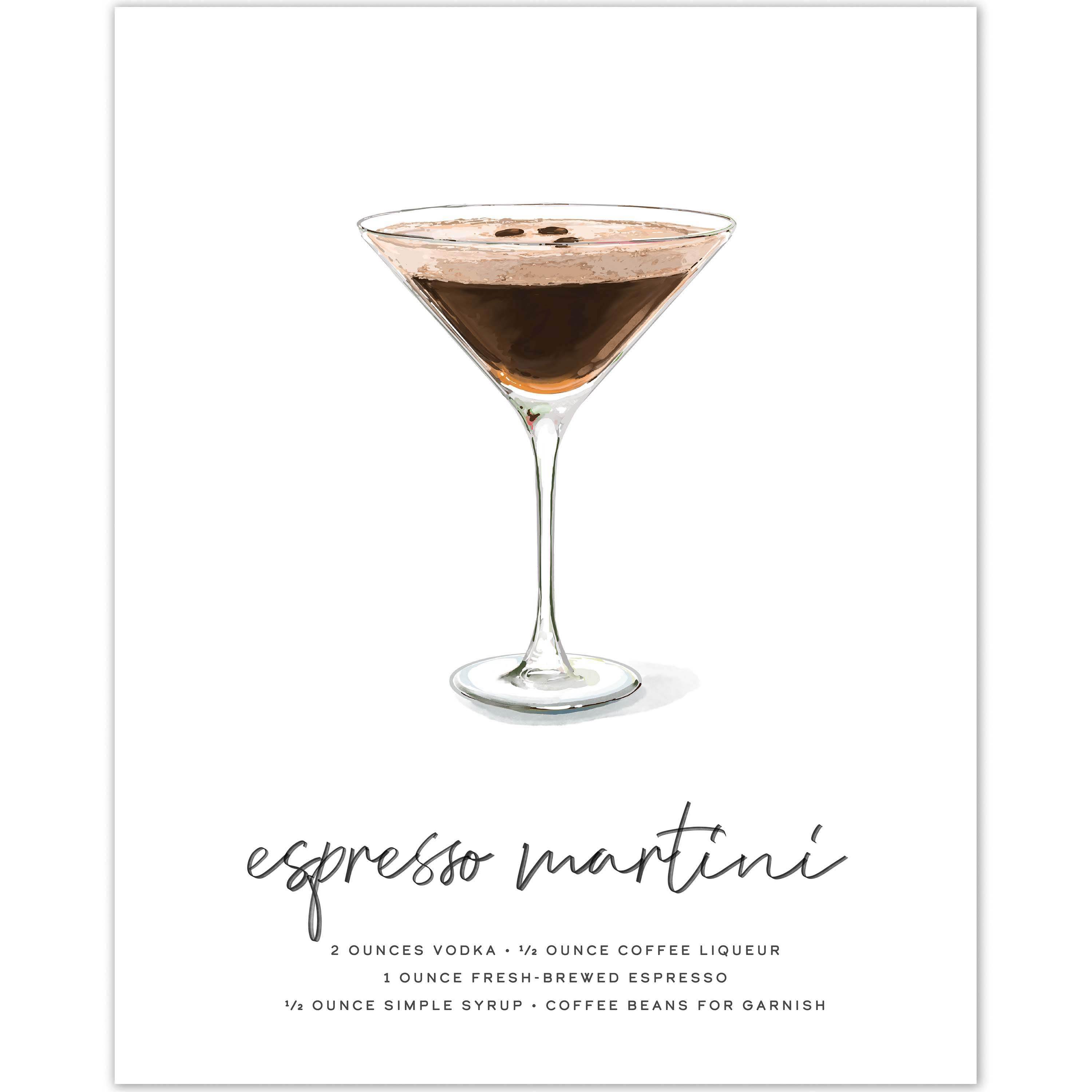 Hand-drawn espresso martini wall art poster, 8x10 inches, featuring a detailed martini glass illustration.