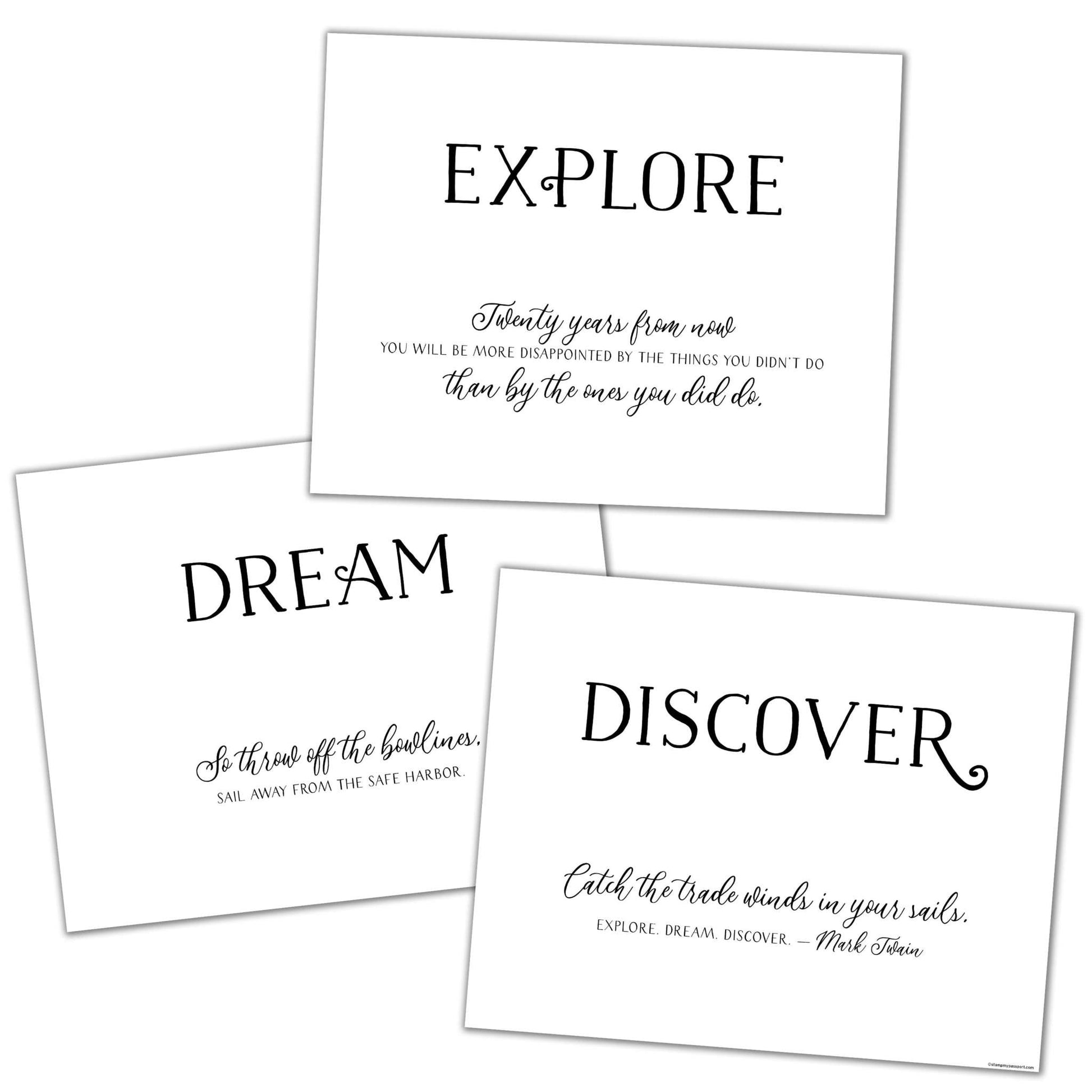 3 Piece Travel Quotes Wall Art featuring "Dream Explore Discover" by Mark Twain on textured cardstock.