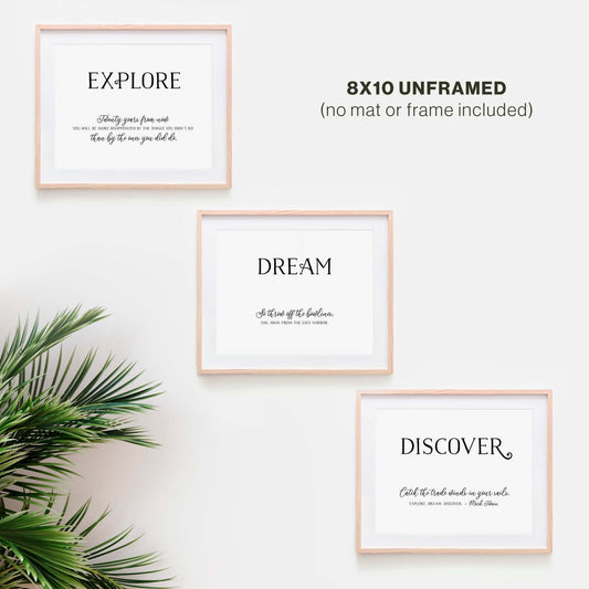 3-piece travel quotes wall art set with "Dream, Explore, Discover" text, shown on wall in frames.