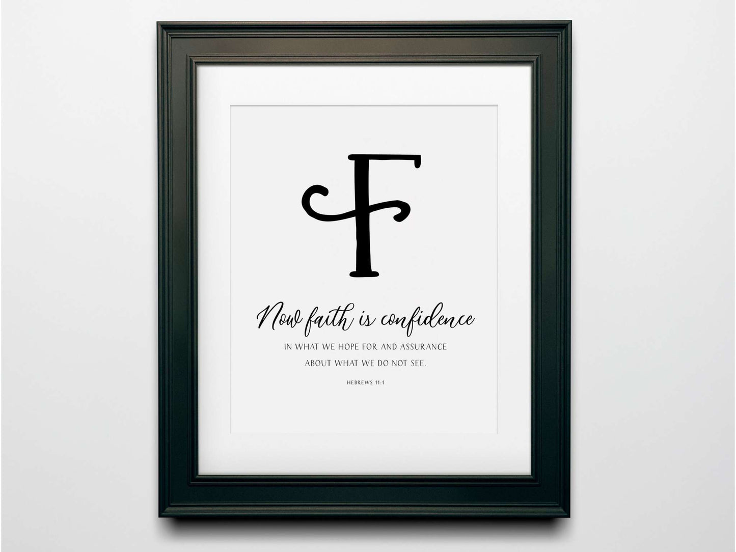 Faith Bible verses wall decor featuring letter "F" of the Bible verses about faith in a black frame.