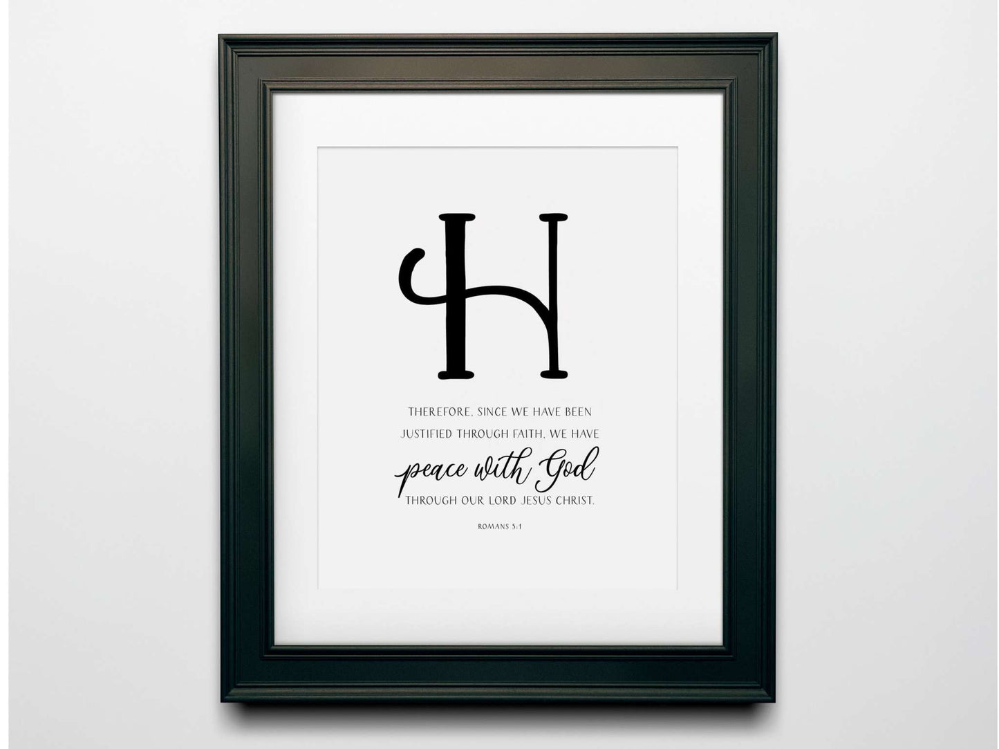 Decorative wall art featuring the letter 'H' and Bible verses about faith, framed elegantly.