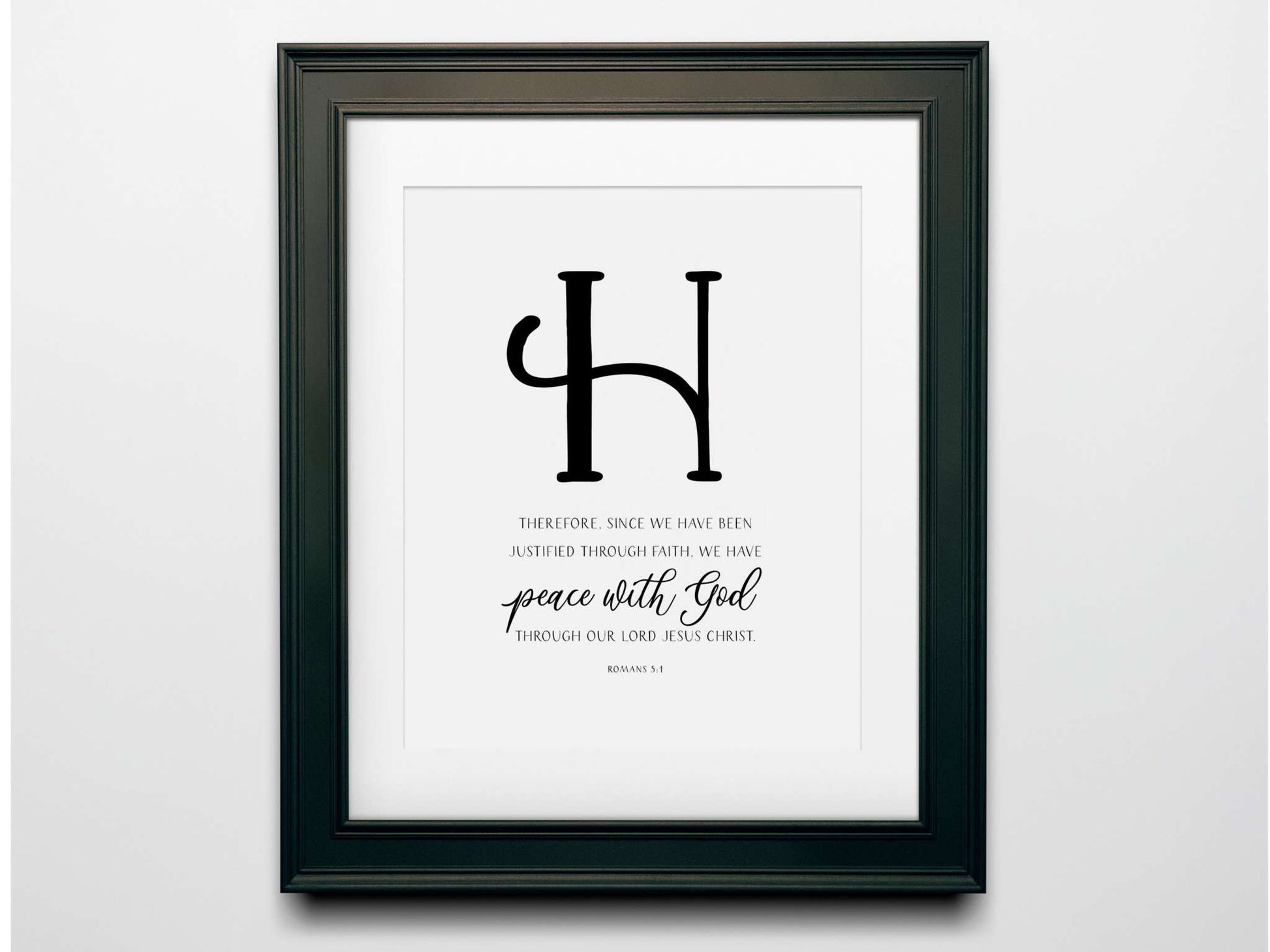 Decorative wall art featuring the letter 'H' and Bible verses about faith, framed elegantly.