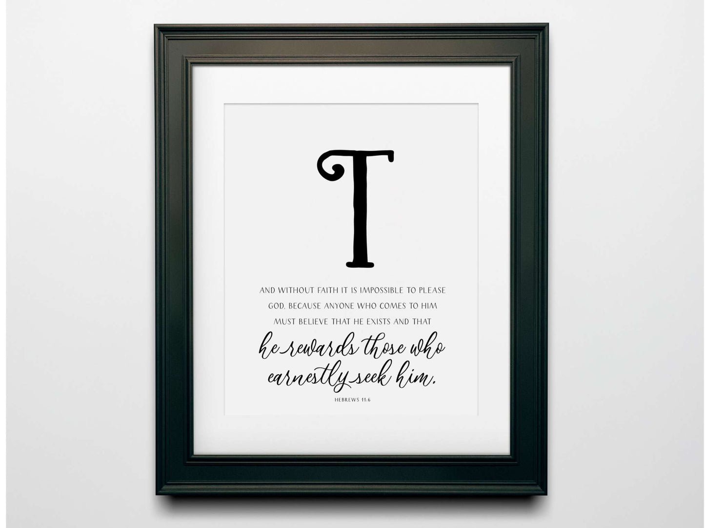 Faith Bible Verses Wall Decor featuring the letter "T" and scripture about faith, framed artwork.