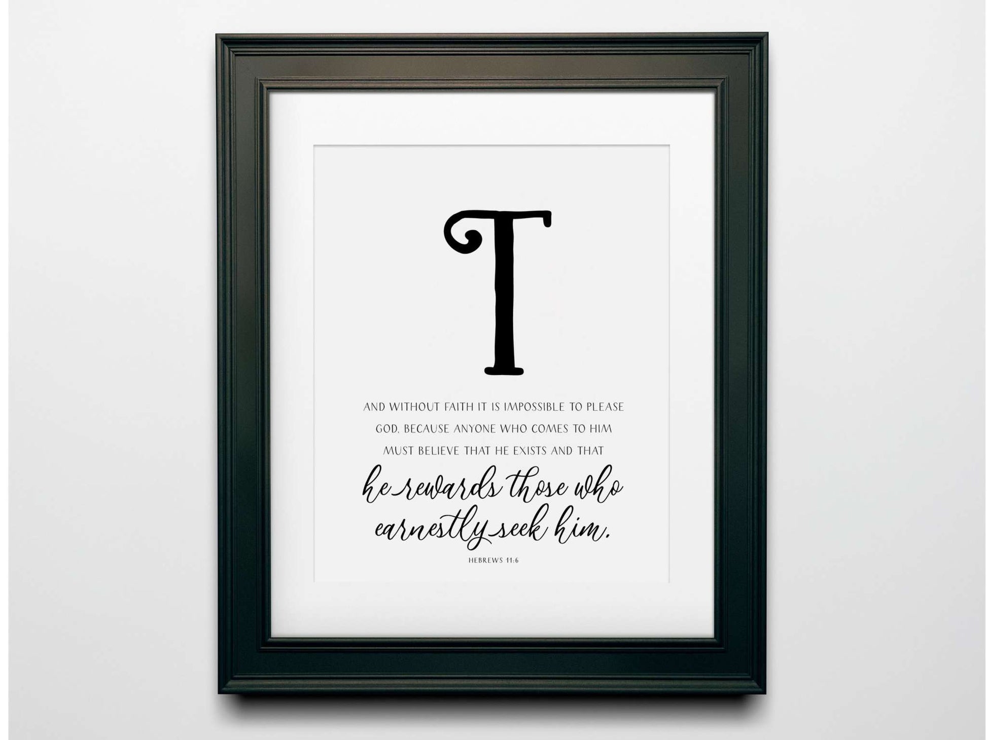 Faith Bible Verses Wall Decor featuring the letter "T" and scripture about faith, framed artwork.