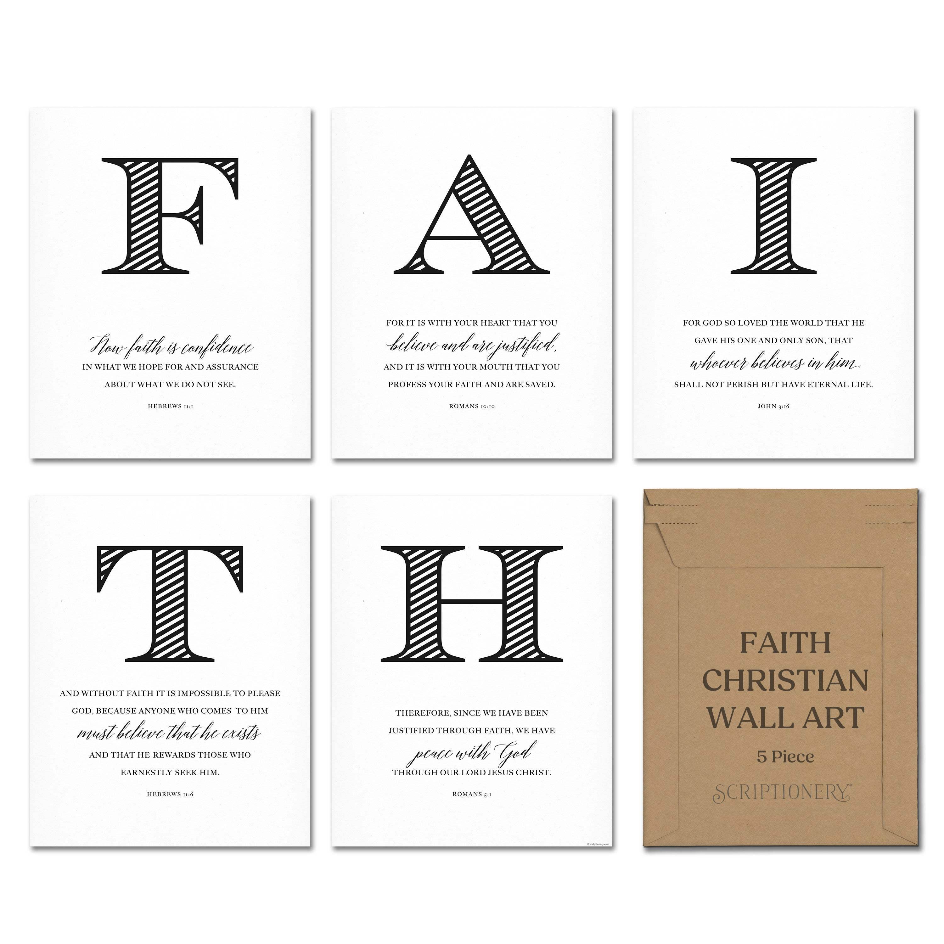 Faith Verse Wall Art – 5-piece Bible scripture posters, 8x10, recycled paper, contemporary Christian decor.