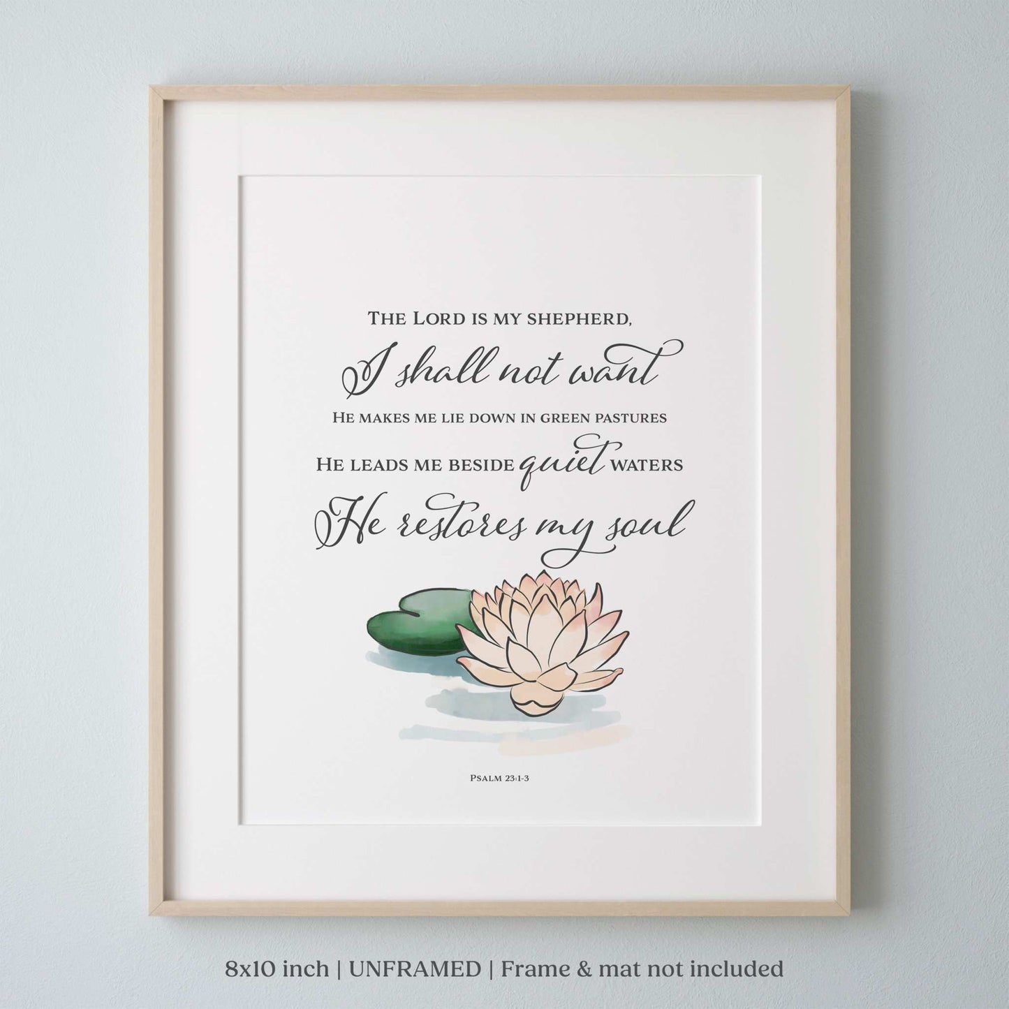 Christian wall art with "It Is Well With My Soul" and hand-drawn floral designs, featuring Bible verses from Romans 8:28, Philippians 4:6, and Psalm 23:1-3.
