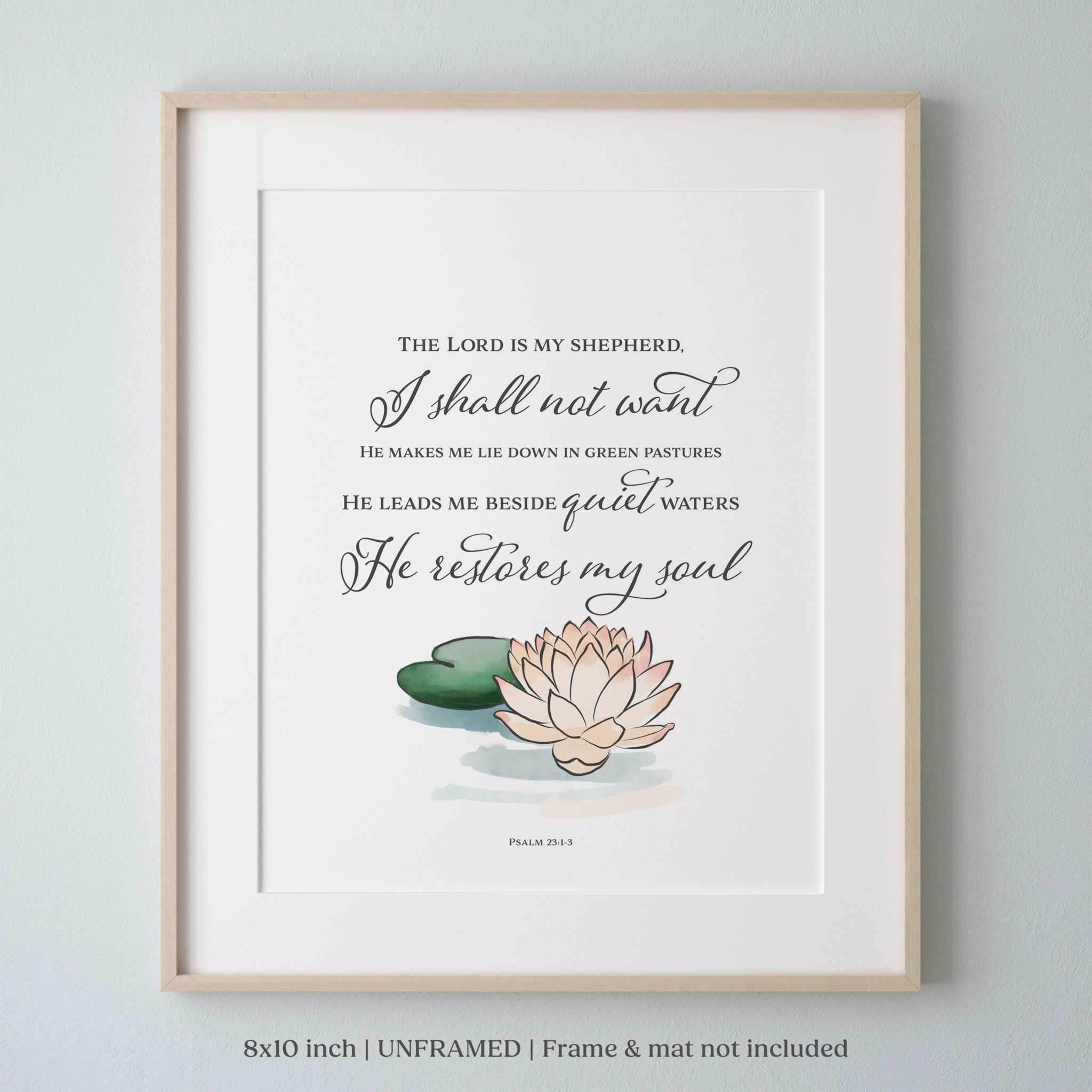 Christian wall art with "It Is Well With My Soul" and hand-drawn floral designs, featuring Bible verses from Romans 8:28, Philippians 4:6, and Psalm 23:1-3.