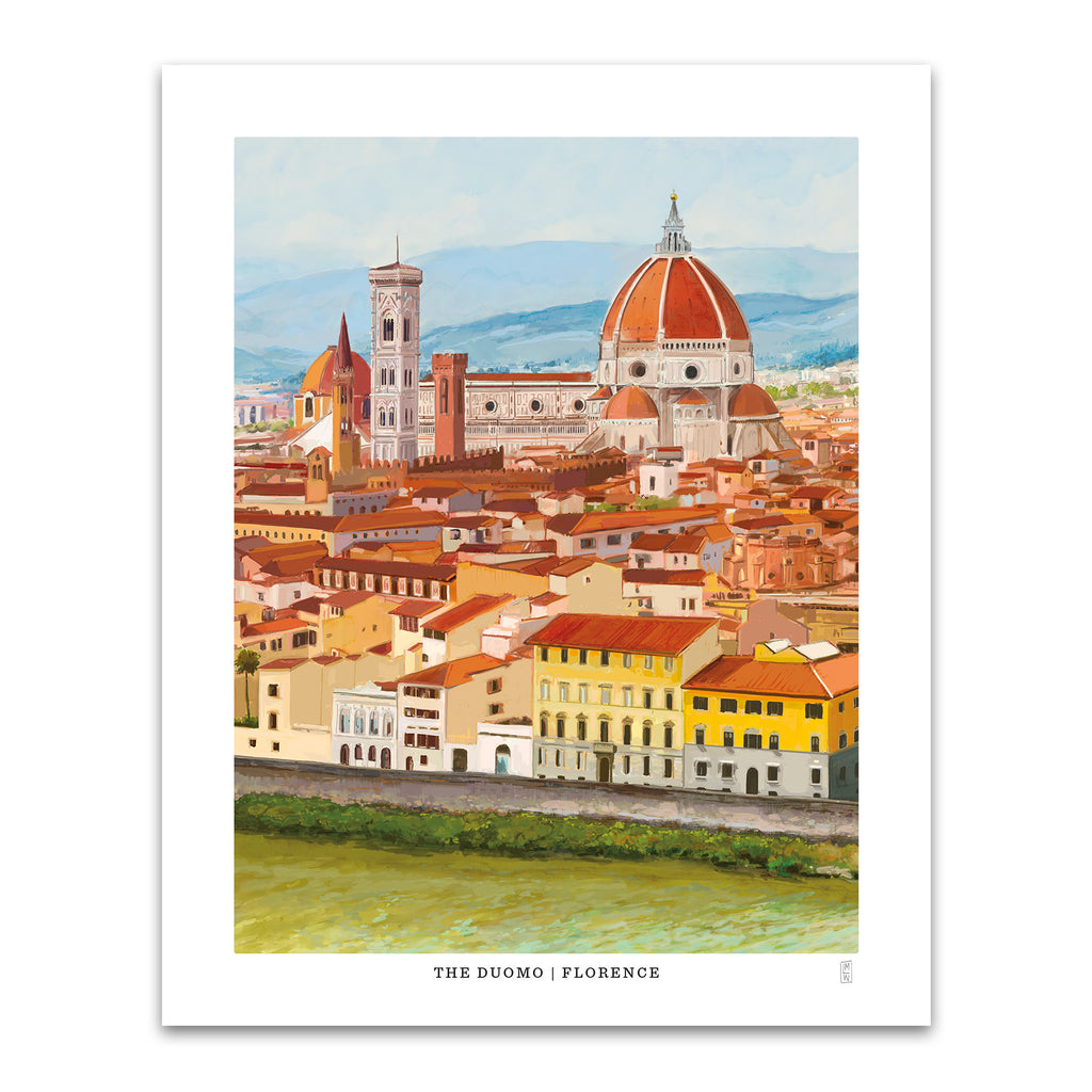 Art print of Florence with iconic buildings and a river.