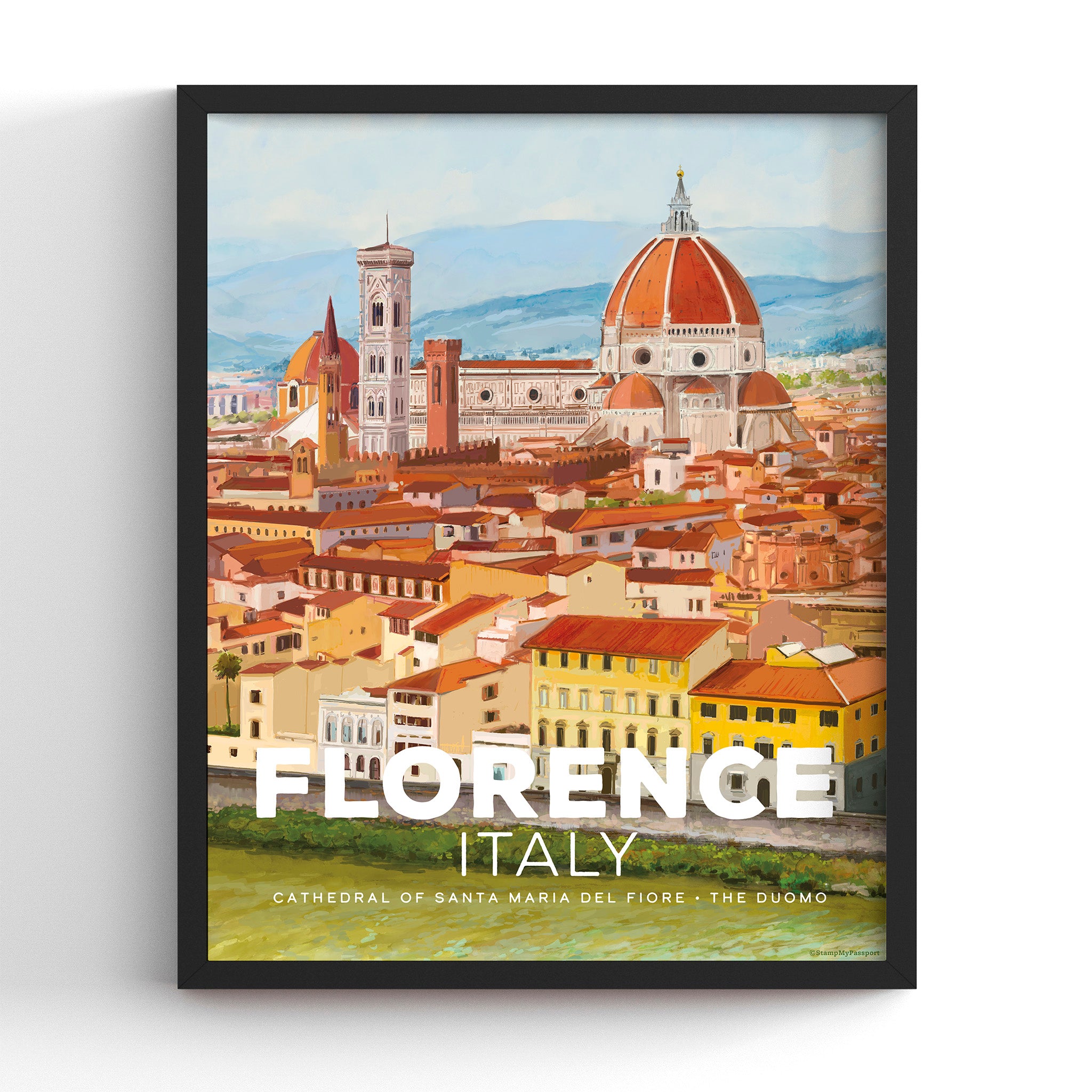 Florence Duomo art print in a black frame (frame not included), hand-illustrated travel wall art, 8x10