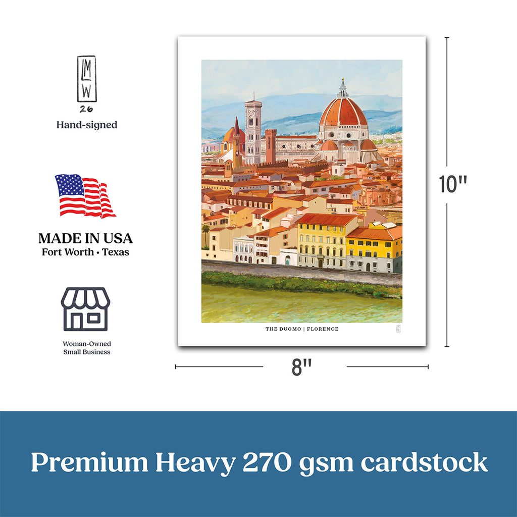 Art print of The Duomo in Florence, Italy  with dimensions and certification logos on a white background