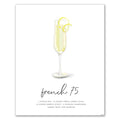French 75 recipe cocktail art featuring a French 75 cocktail with a glass and lemon twist on a white background