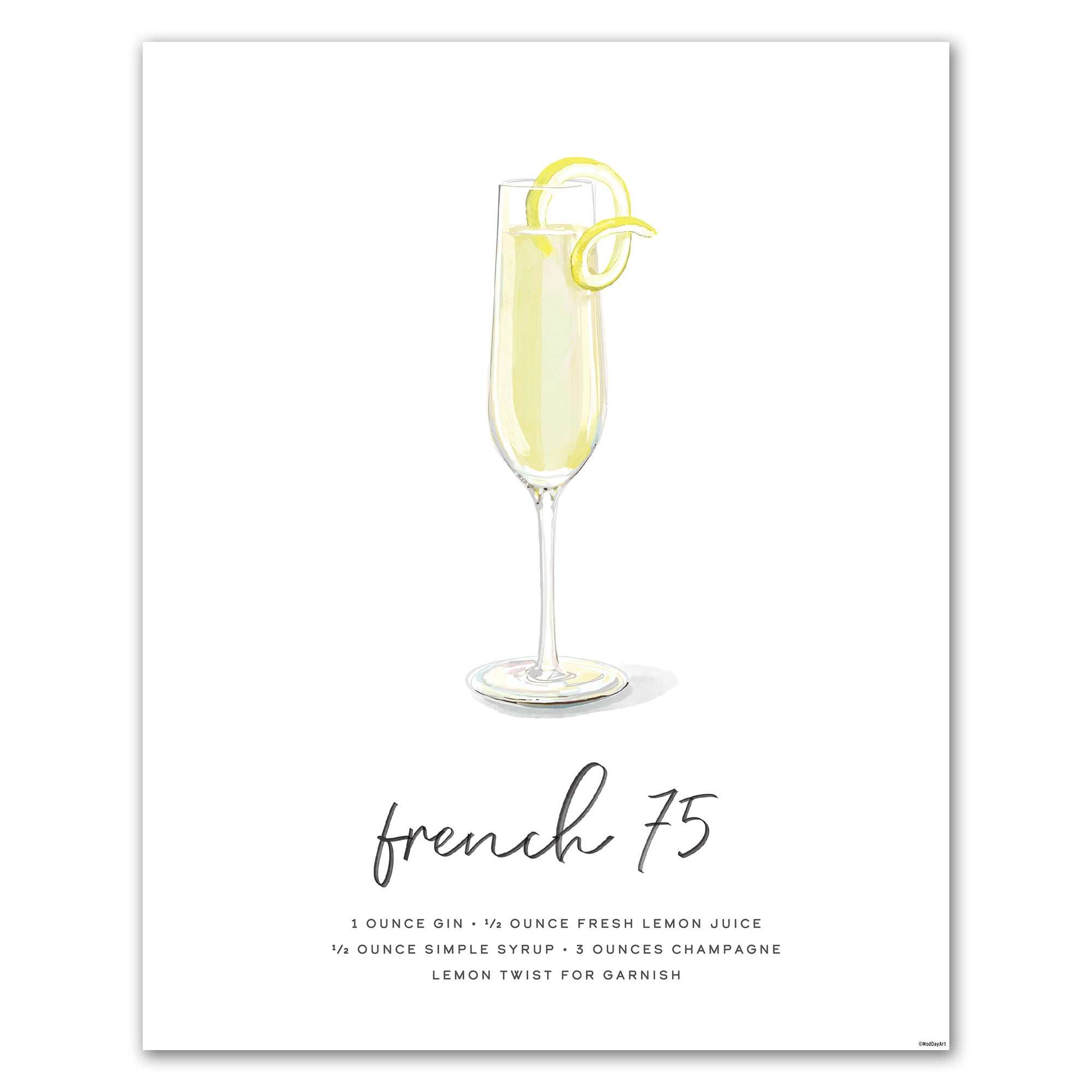 French 75 recipe cocktail art featuring a French 75 cocktail with a glass and lemon twist on a white background