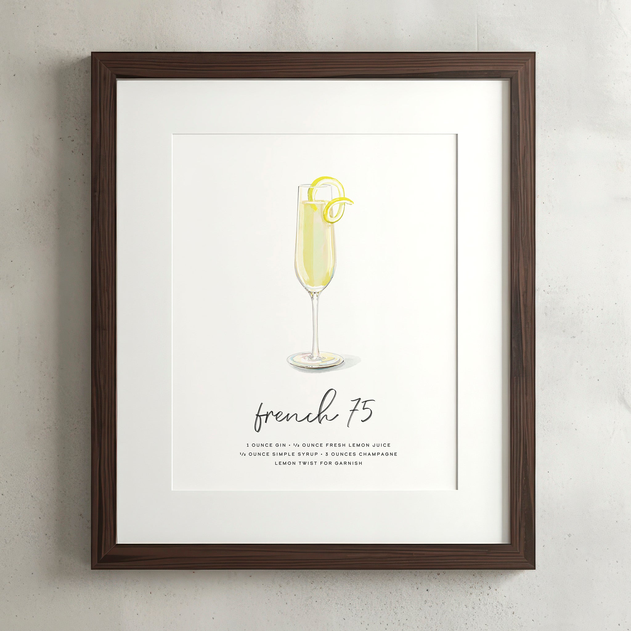French 75 cocktail wall art poster in a walnut frame, hand-drawn recipe illustration, 8x10 print