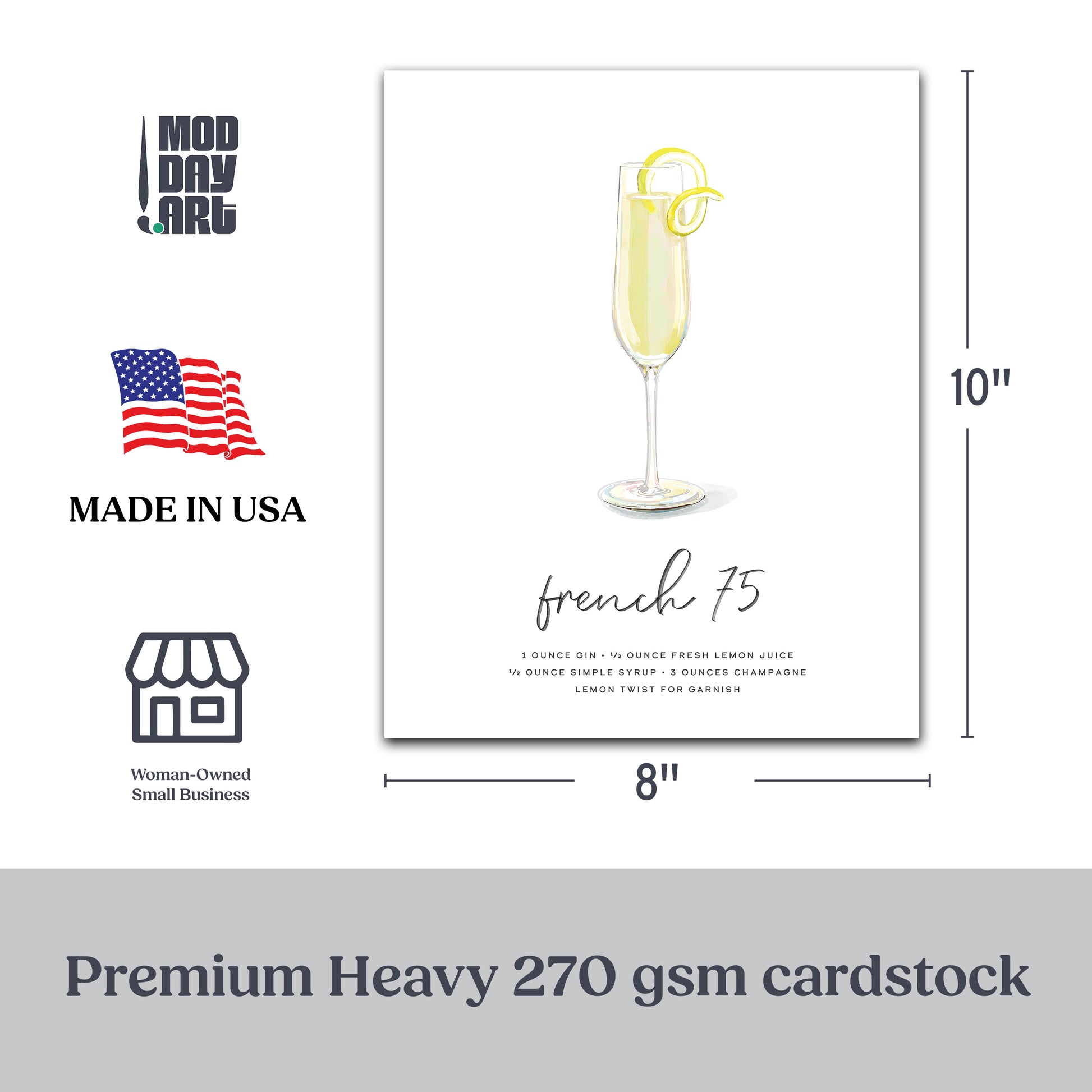 French 75 Cocktail Wall Art dimensions and certifications