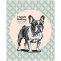 French Bulldog wall art with pen-and-ink illustration and Fleur-de-lis pattern background.