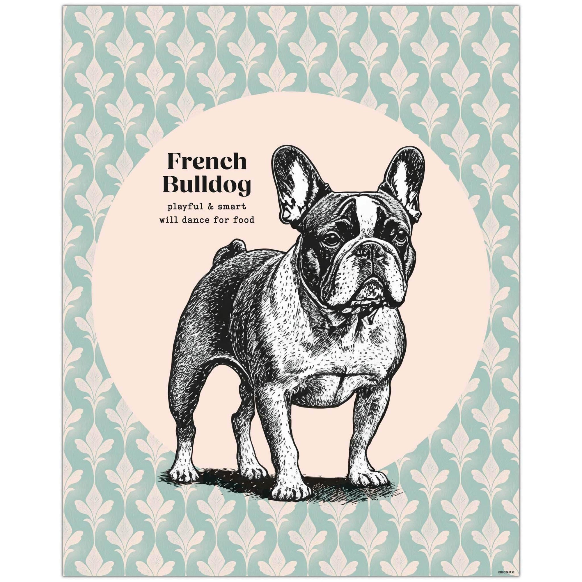 French Bulldog wall art with pen-and-ink illustration and Fleur-de-lis pattern background.