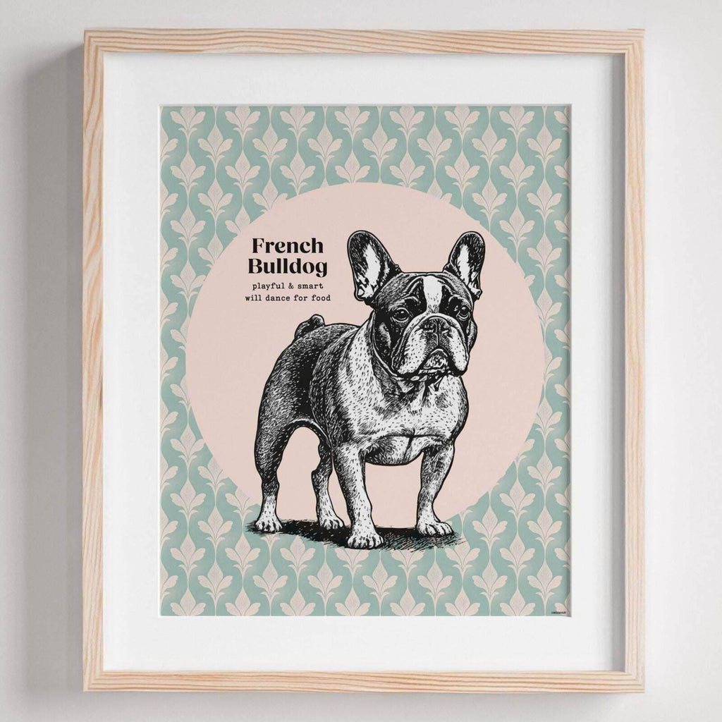 French Bulldog wall art in pen-and-ink style with Fleur-de-lis pattern background, 8x10 inches in modern wood frame.