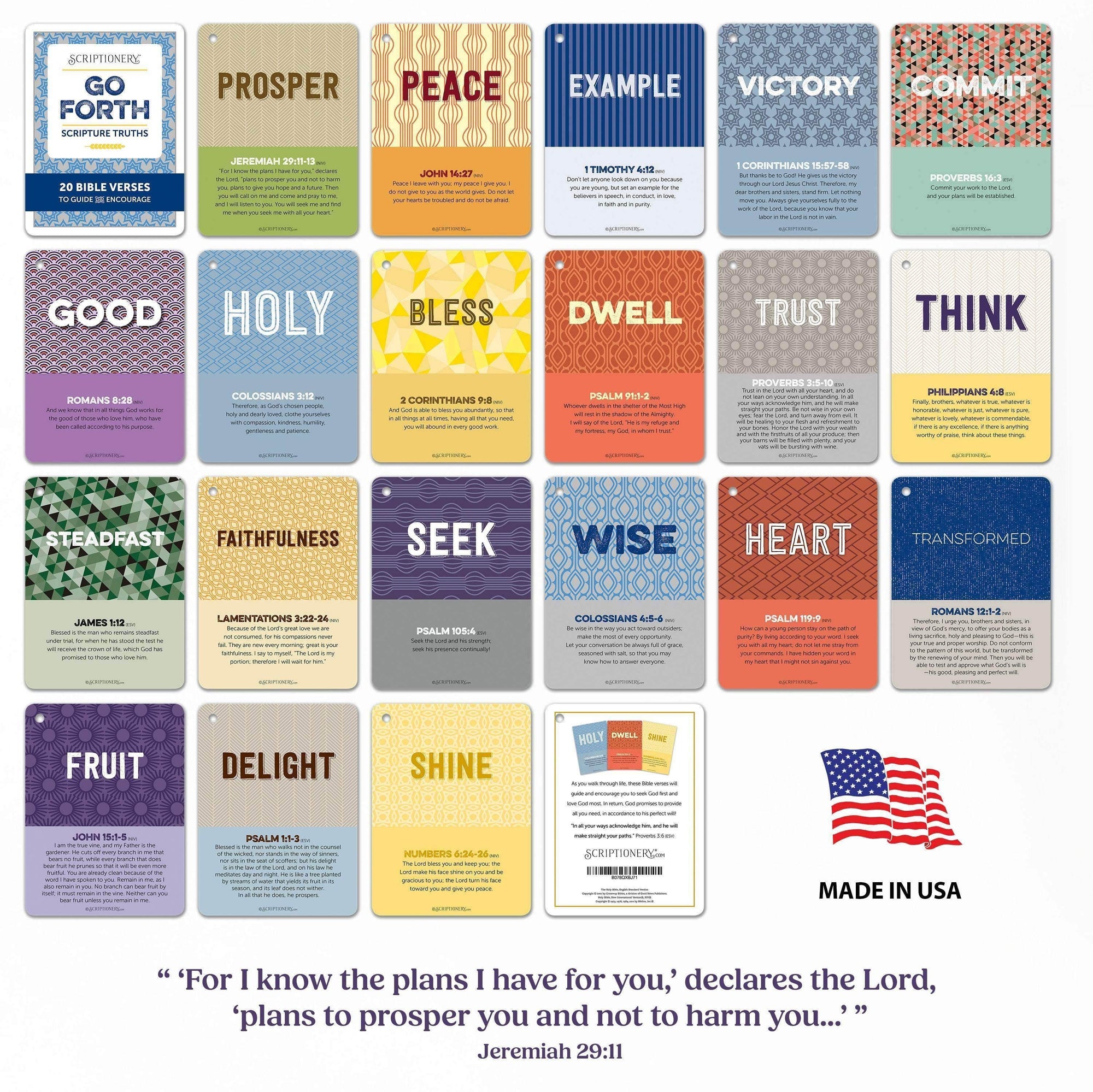 Bible verse scripture cards for Christian graduation gift, featuring 20 inspirational cards for memory and encouragement, made in USA.