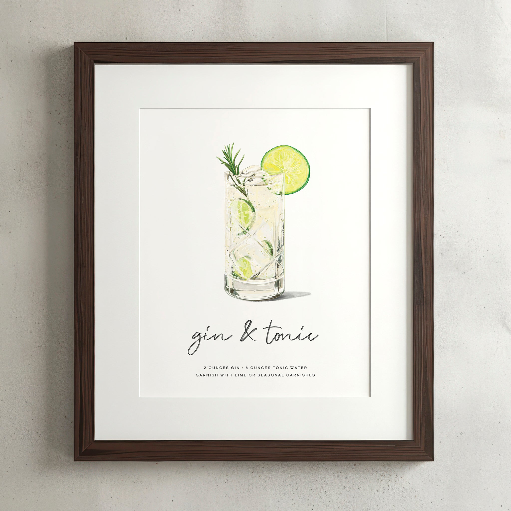 Gin & Tonic cocktail wall art poster in a walnut frame, hand-drawn recipe illustration with lime and rosemary garnish, 8x10 print