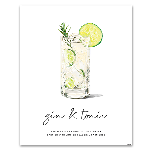 Gin & Tonic cocktail wall art poster thumbnail, hand-drawn recipe illustration with lime and rosemary garnish, 8x10 print
