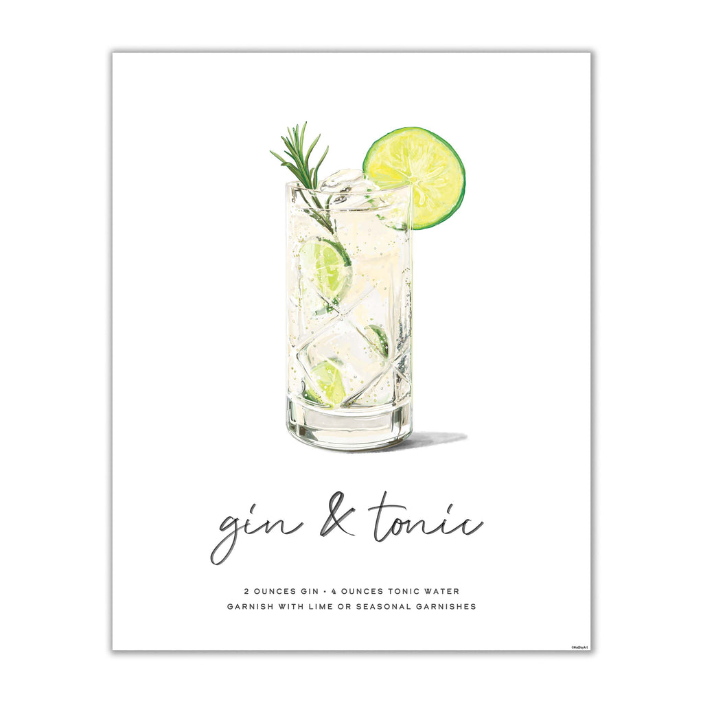 Minimalist Gin & Tonic wall art print featuring hand-drawn cocktail with lime and rosemary garnish, recipe included