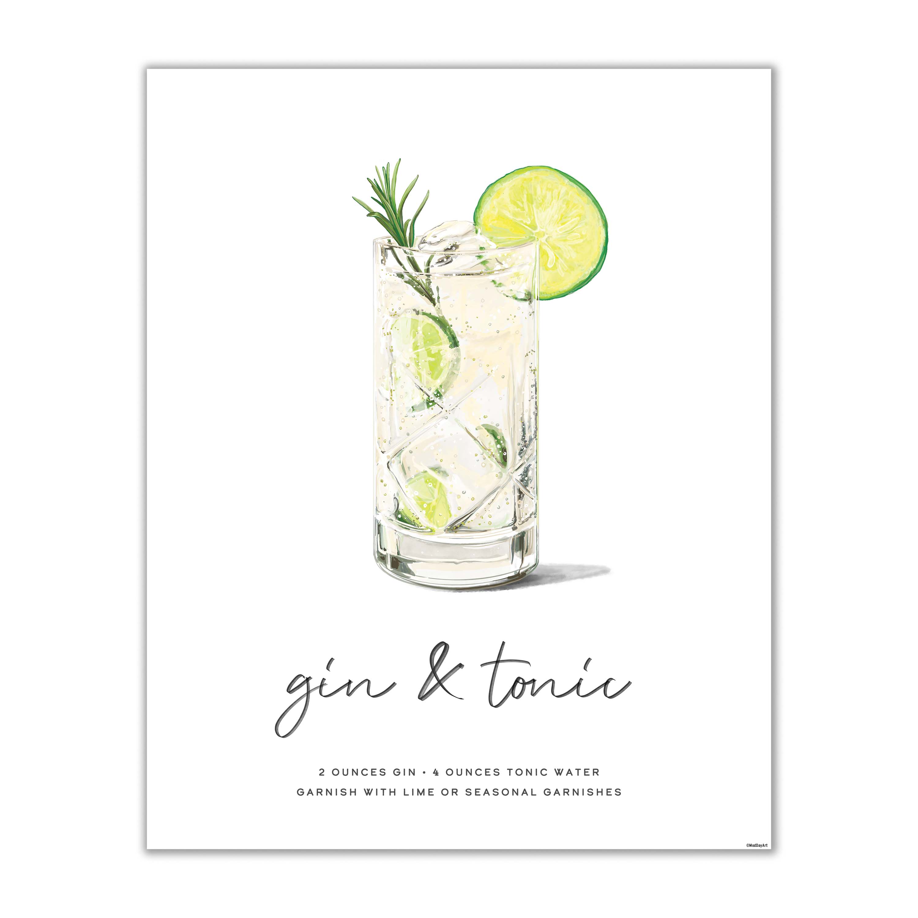 Minimalist Gin & Tonic wall art print featuring hand-drawn cocktail with lime and rosemary garnish, recipe included