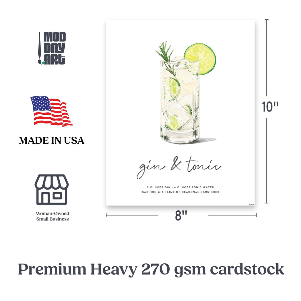 Minimalist Gin & Tonic cocktail wall art print with lime garnish on 8x10 cardstock