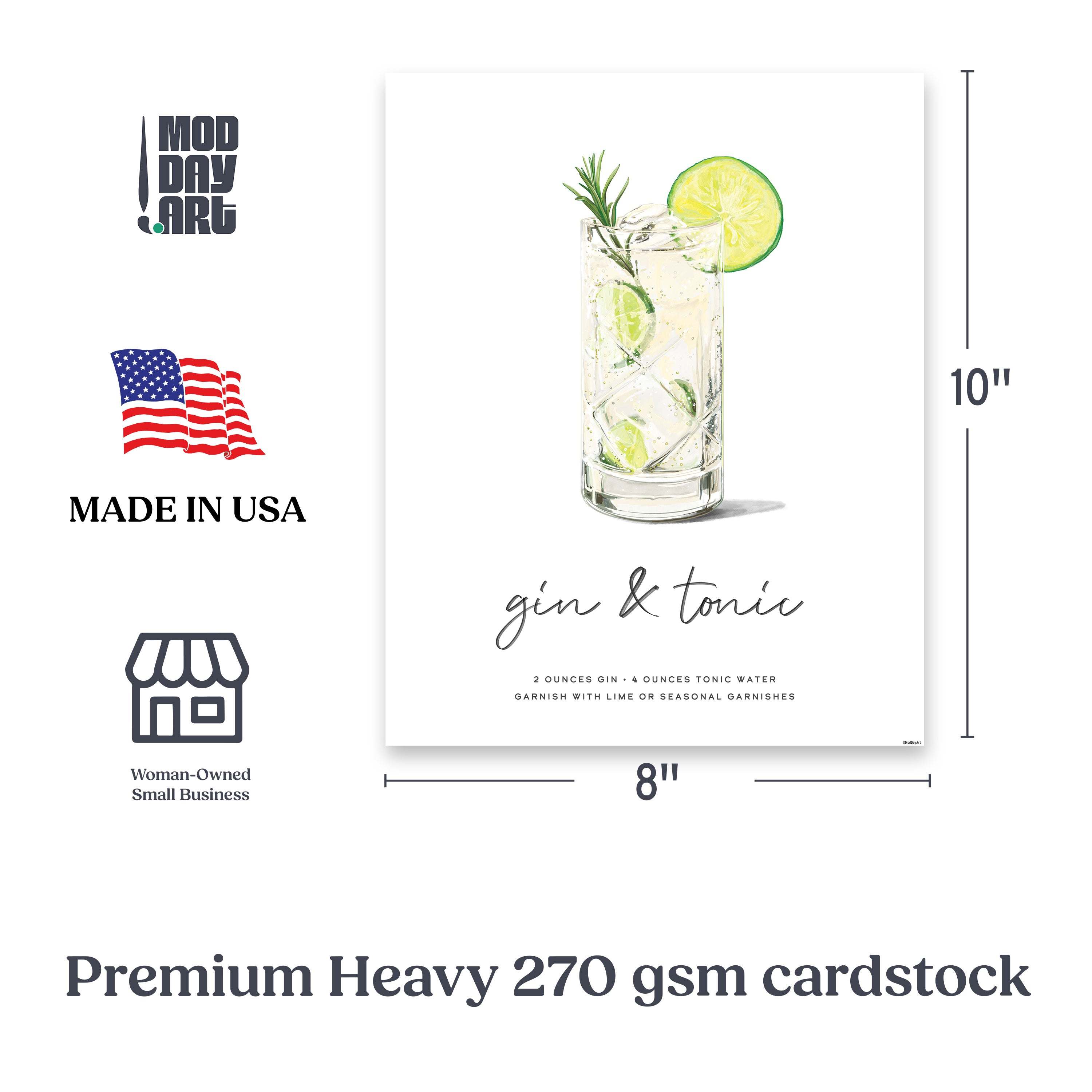 Minimalist Gin & Tonic cocktail wall art print with lime garnish on 8x10 cardstock