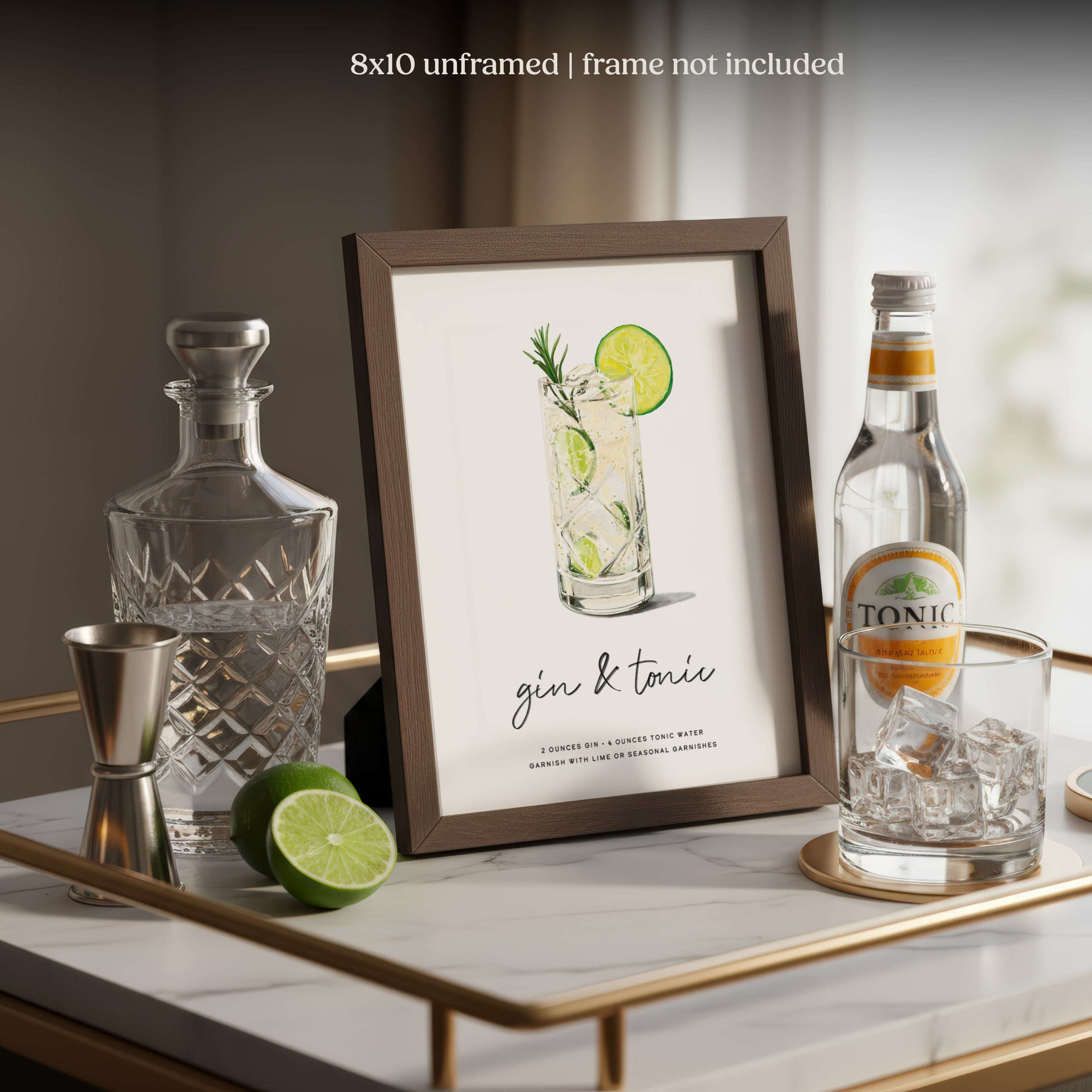 Minimalist hand-drawn Gin & Tonic wall art print with lime and rosemary garnish, unframed 8x10 cocktail illustration