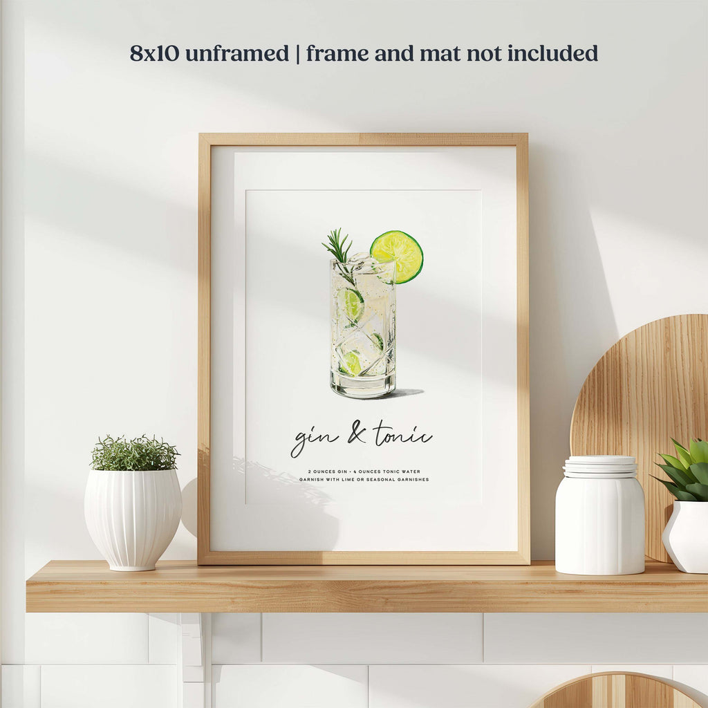 Minimalist Gin & Tonic Wall Art print featuring hand-drawn cocktail illustration with lime and rosemary garnishes in 8x10 unframed style