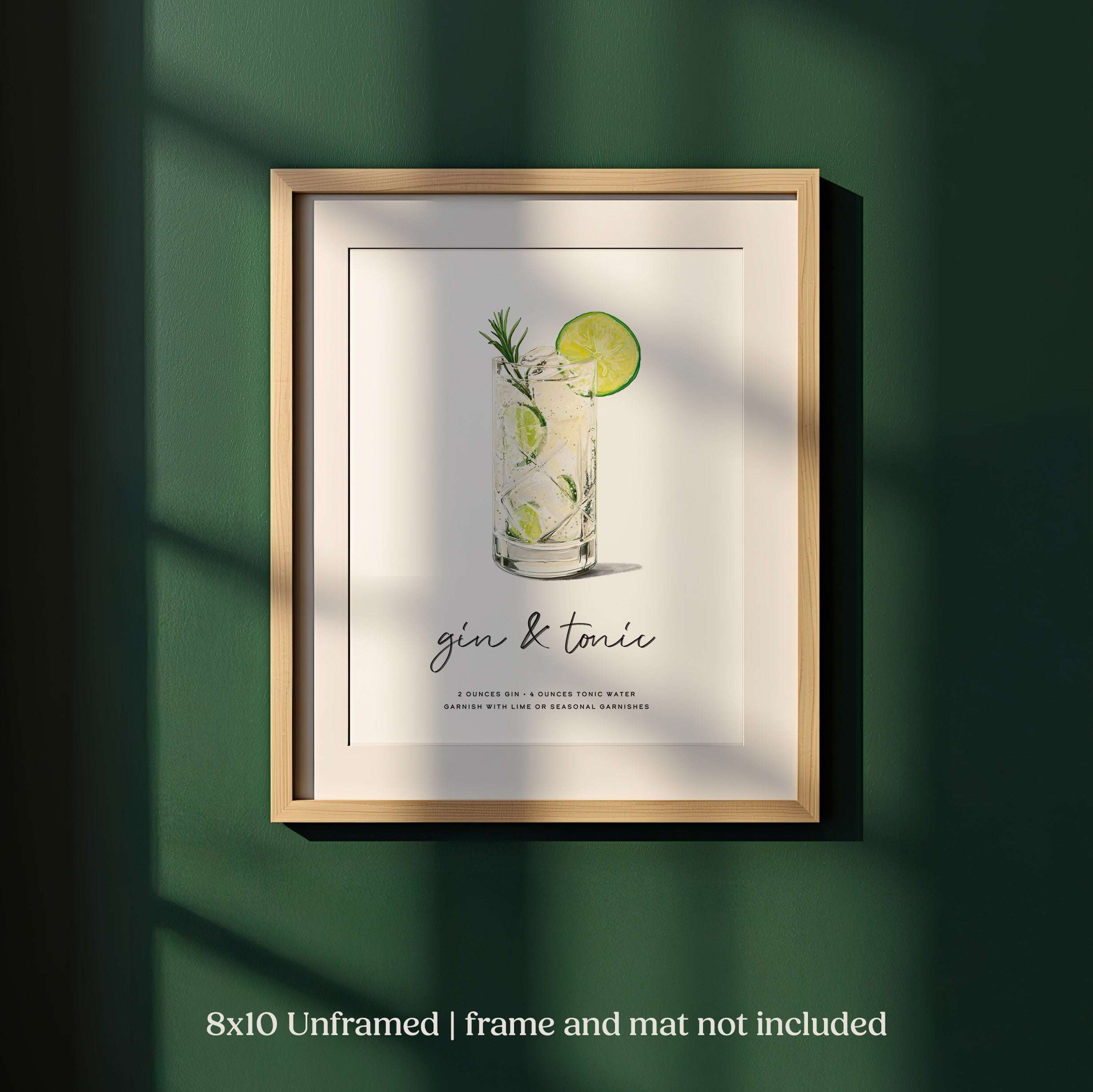Hand-drawn Gin & Tonic Wall Art print with cocktail recipe in 8x10 frame