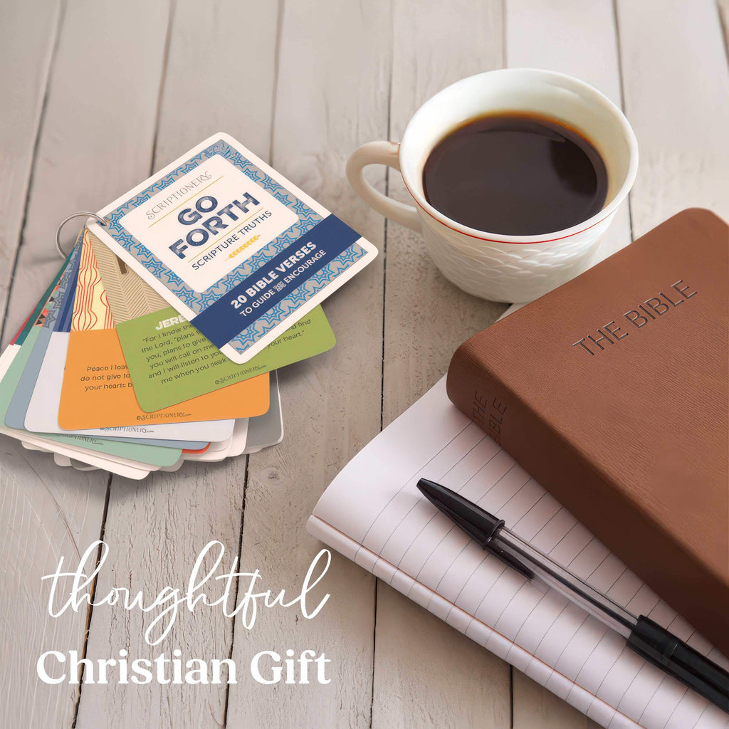 Christian graduation gift, Go Forth Scripture cards with Bible verses, perfect for inspiration and memorization, alongside coffee and Bible.