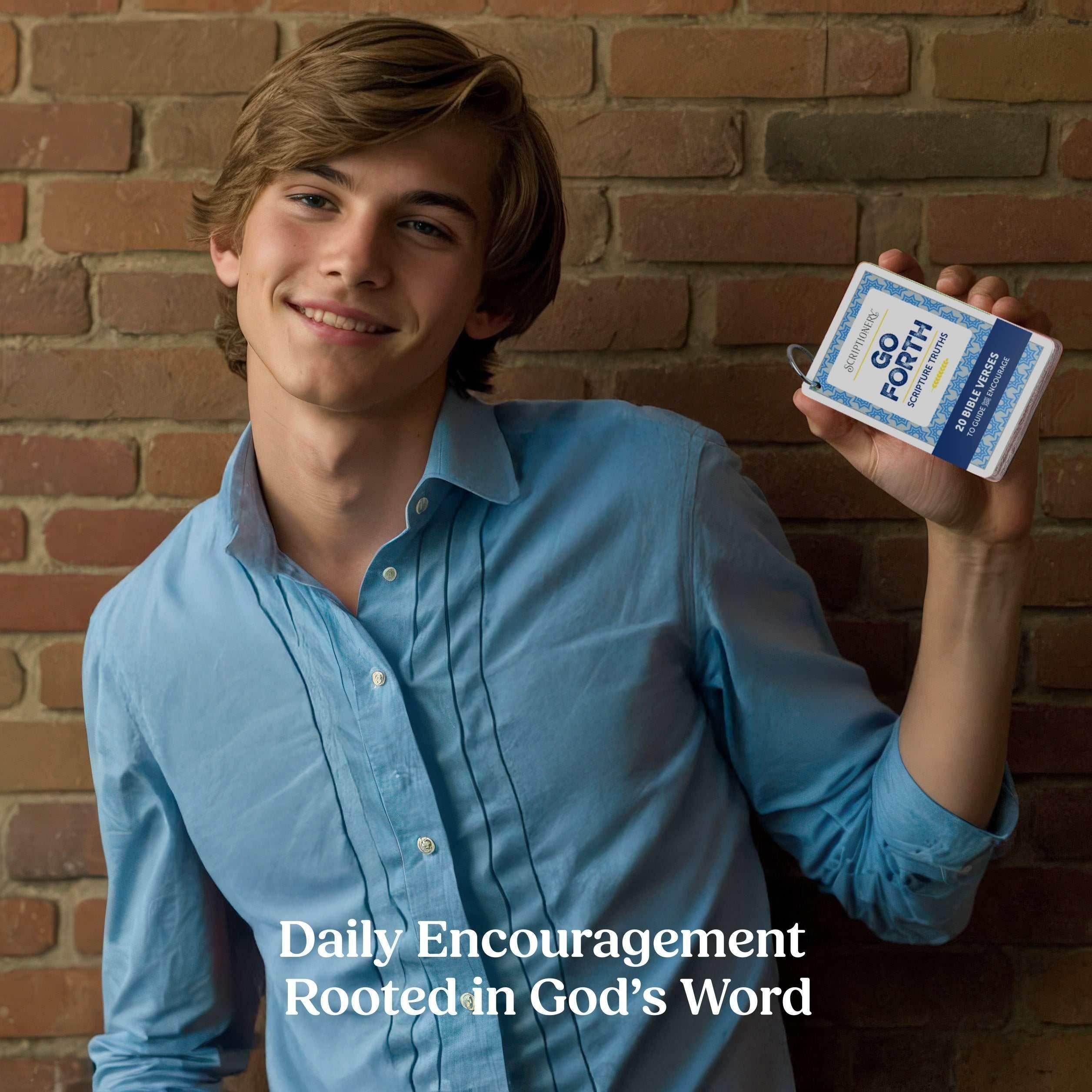 Young adult holding Go Forth Scripture Cards, ideal Christian graduation gift for encouragement.