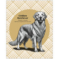 Golden Retriever wall art with pen-and-ink sketch against houndstooth background.