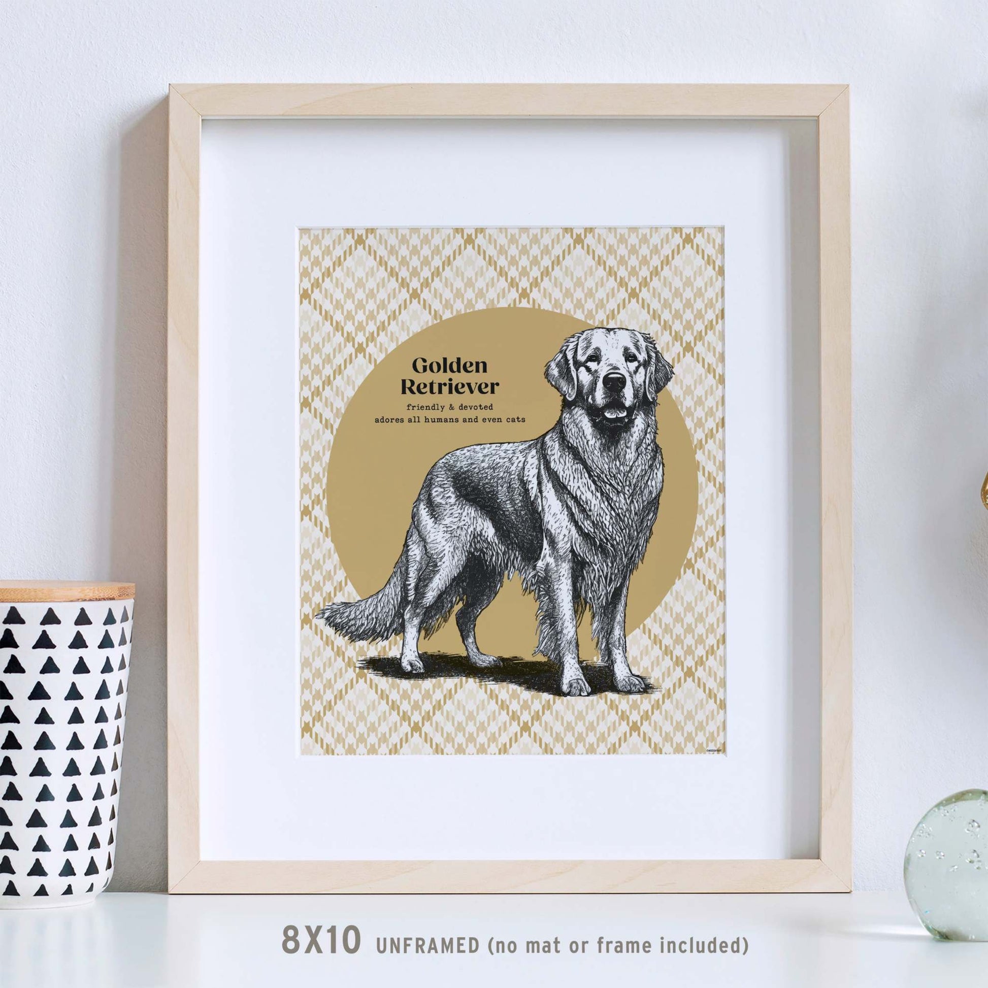 Golden Retriever wall art sketch with houndstooth background, 8x10 unframed.