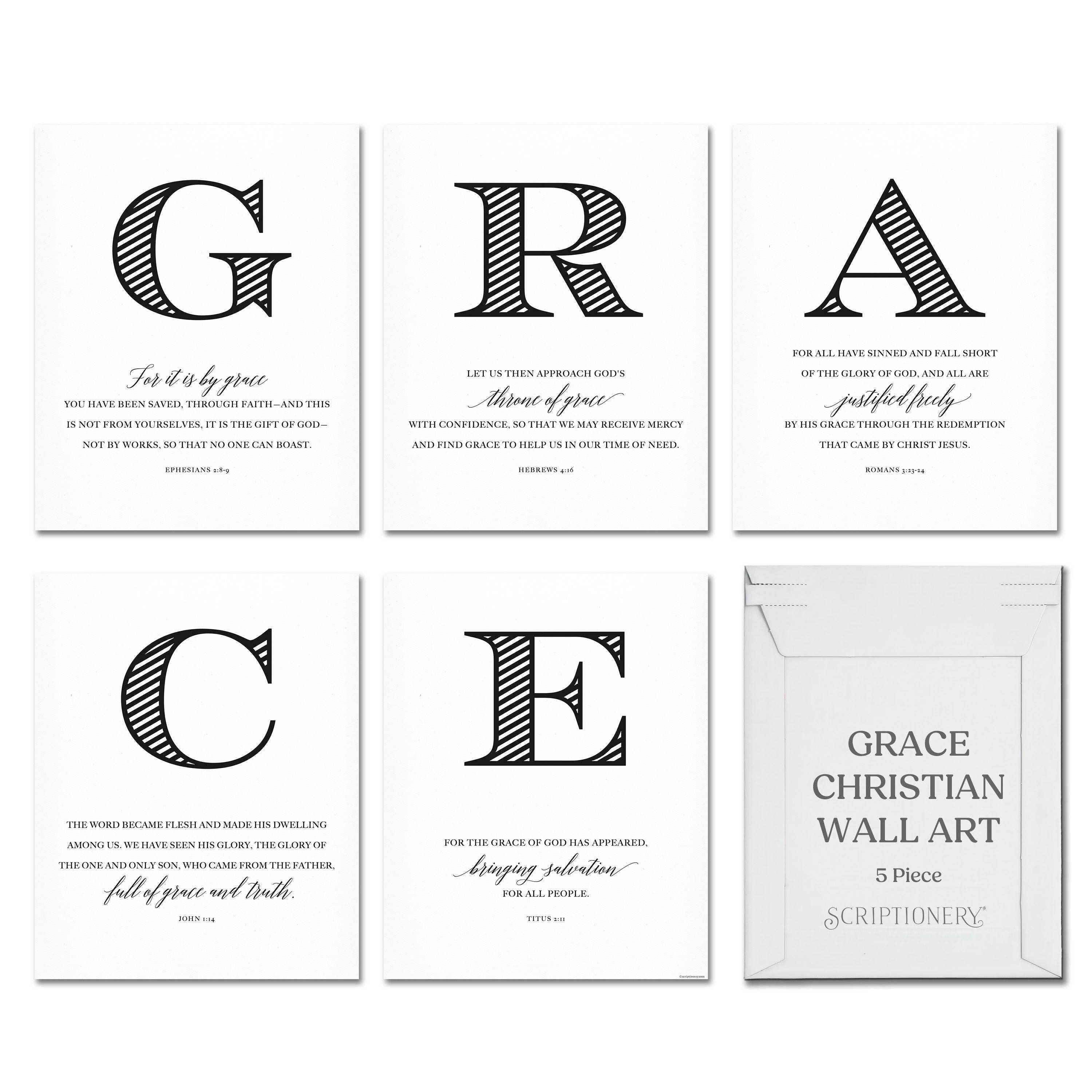 Wall Art Scripture Verses – 5-Piece GRACE Christian Scripture Art Set (8x10) featuring minimalist Bible verse decor on premium cardstock.