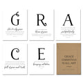 5-piece GRACE Bible verse wall decor set; Christian scripture art; 8x10 minimalist design for home or office.