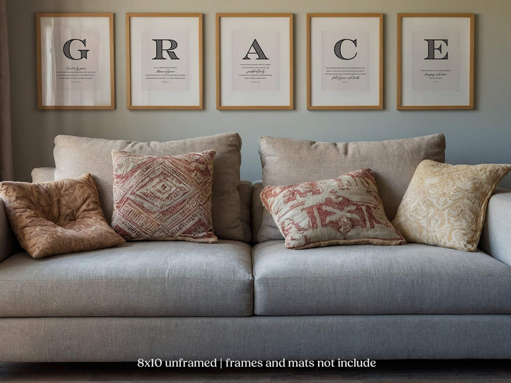 Grace wall art scripture verses with sofa