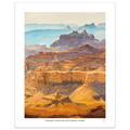 Artistic depiction of Grand Canyon National Park with colorful rock formations and blue sky.