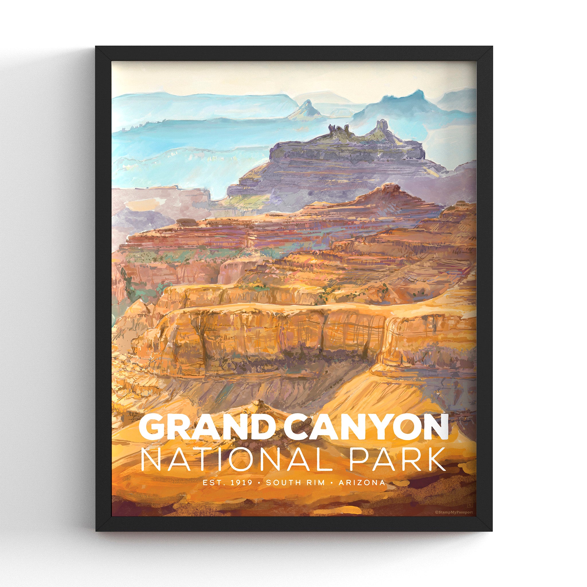 Grand Canyon National Park poster in a black frame, hand-illustrated vintage travel print, 8x10